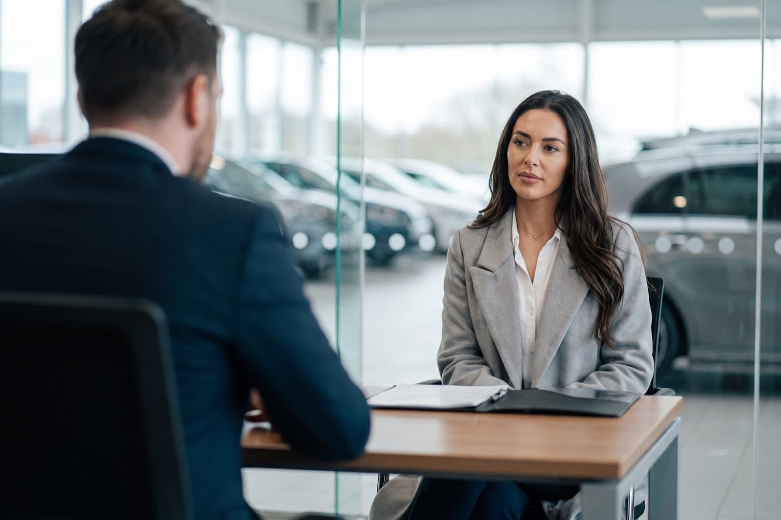 The same buyer sitting calmly across a desk from a salesman in a dealership office