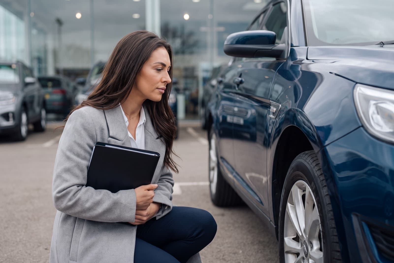 The same buyer crouching beside a used car on the forecourt, looking closely at its tyre and bodywork