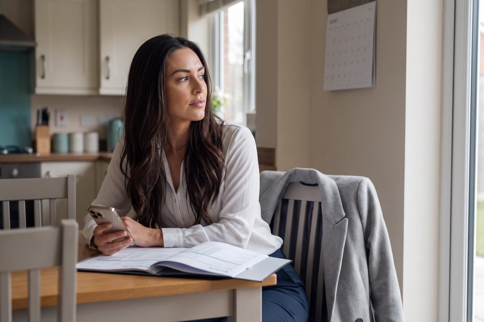 The same buyer at her kitchen table with the car paperwork open, phone in hand, looking at a wall calendar