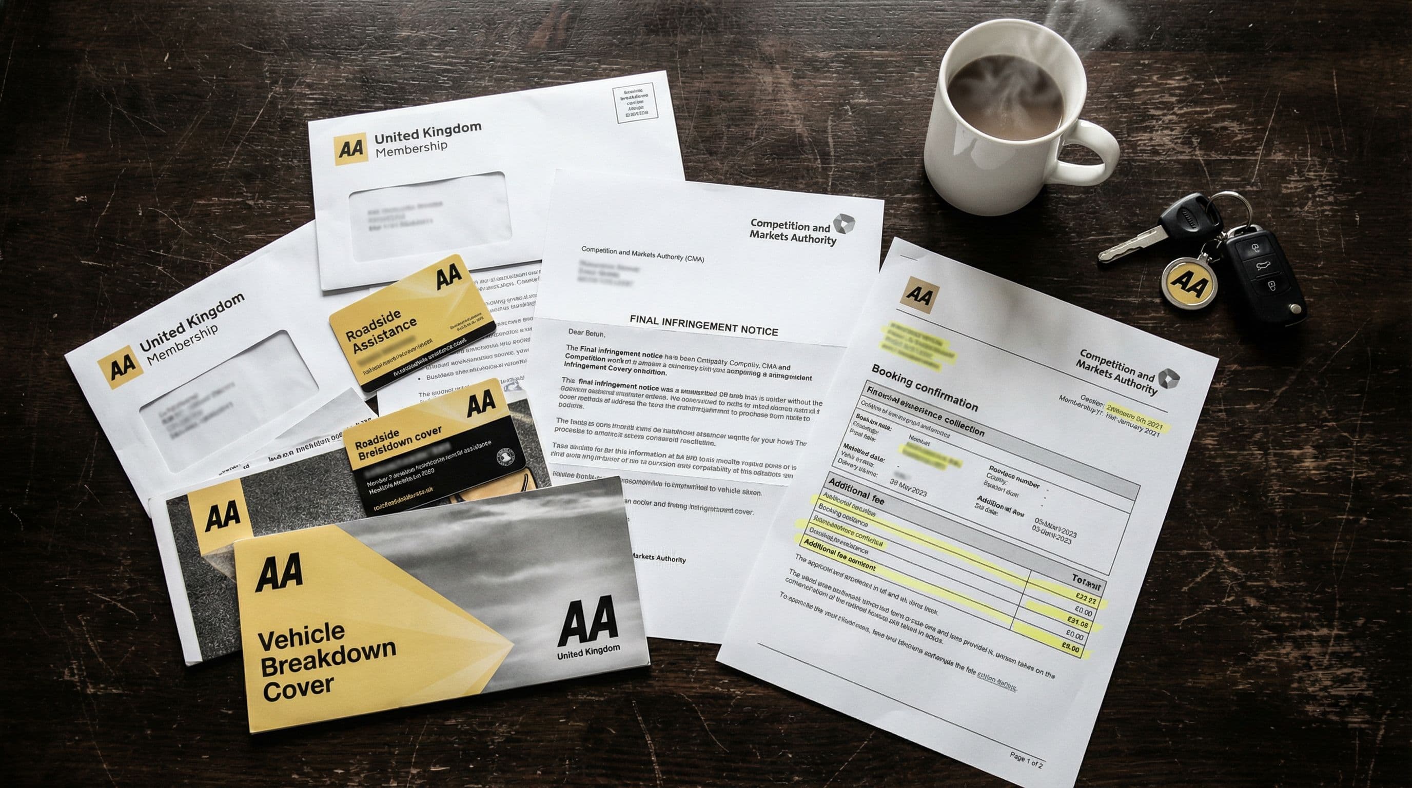 Competition and Markets Authority notice sits among AA membership documents on kitchen table.