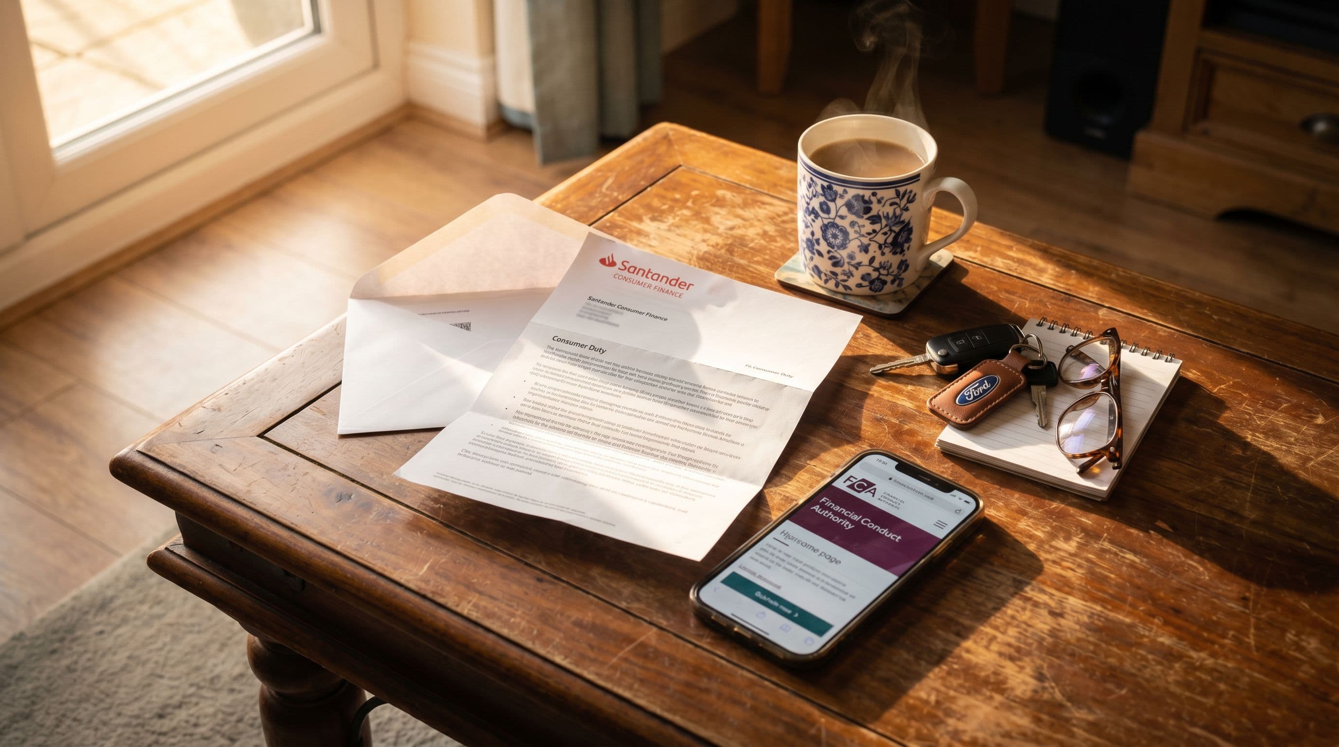 Car finance correspondence and personal items arranged on living room coffee table.