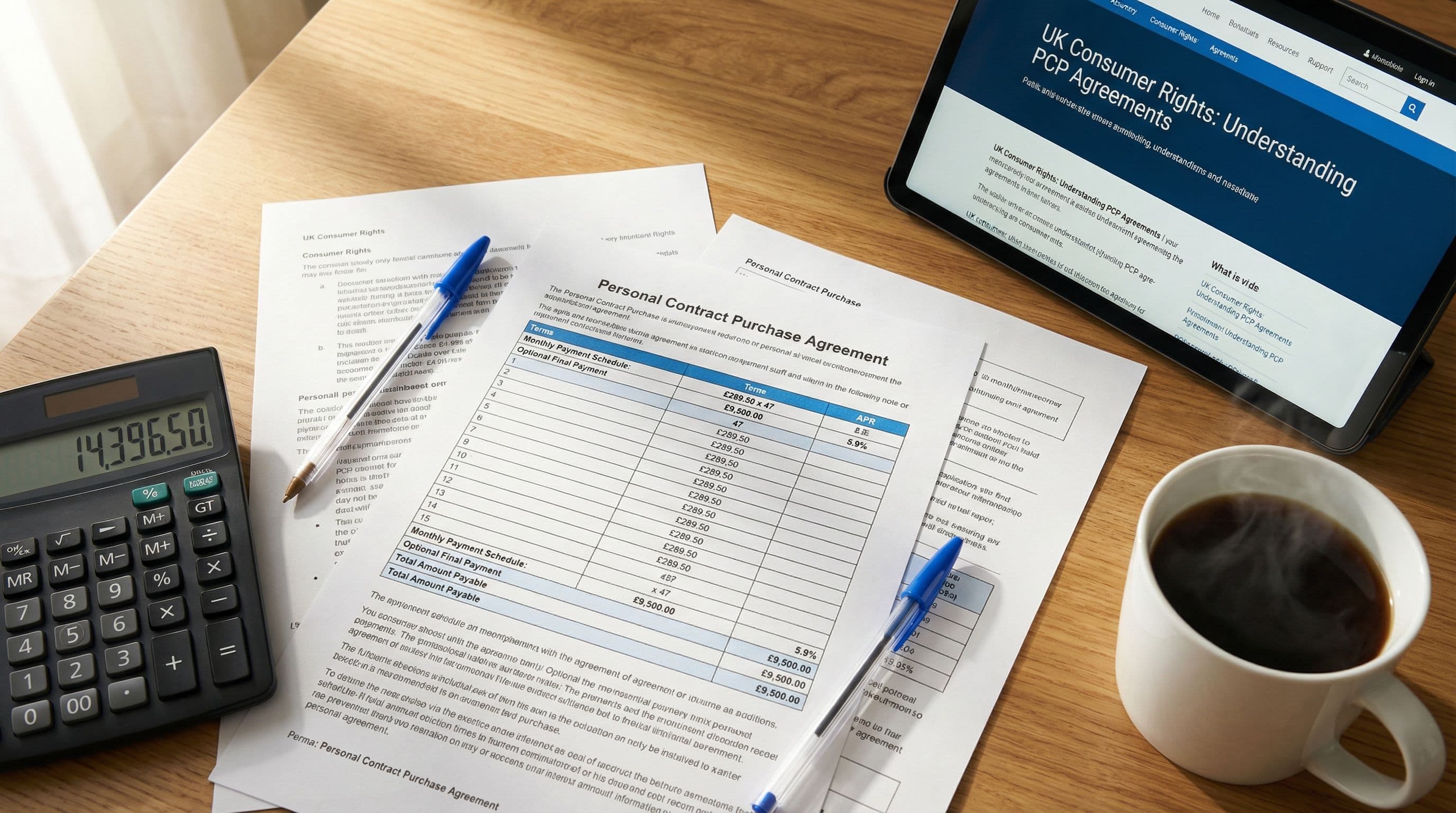 PCP finance documents and calculator arranged on kitchen table during compensation research.