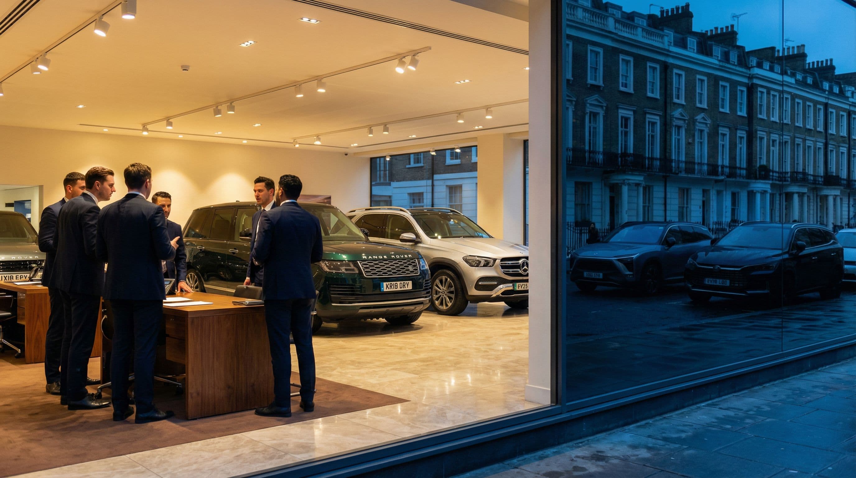 Dealership staff discuss strategy as Chinese SUV rivals gather outside.
