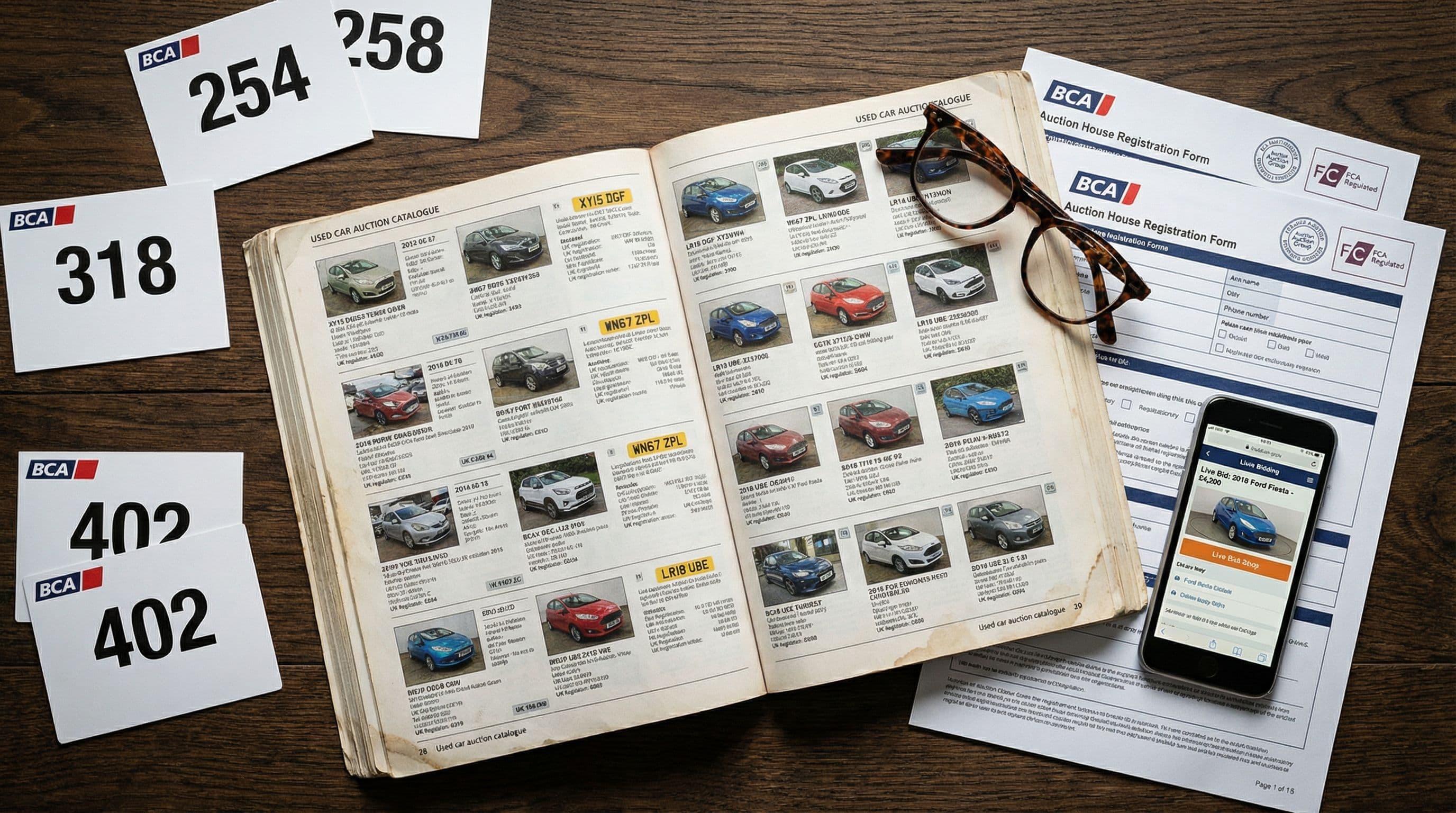 Auction catalogues and dealer bidding materials arranged for wholesale vehicle trading.