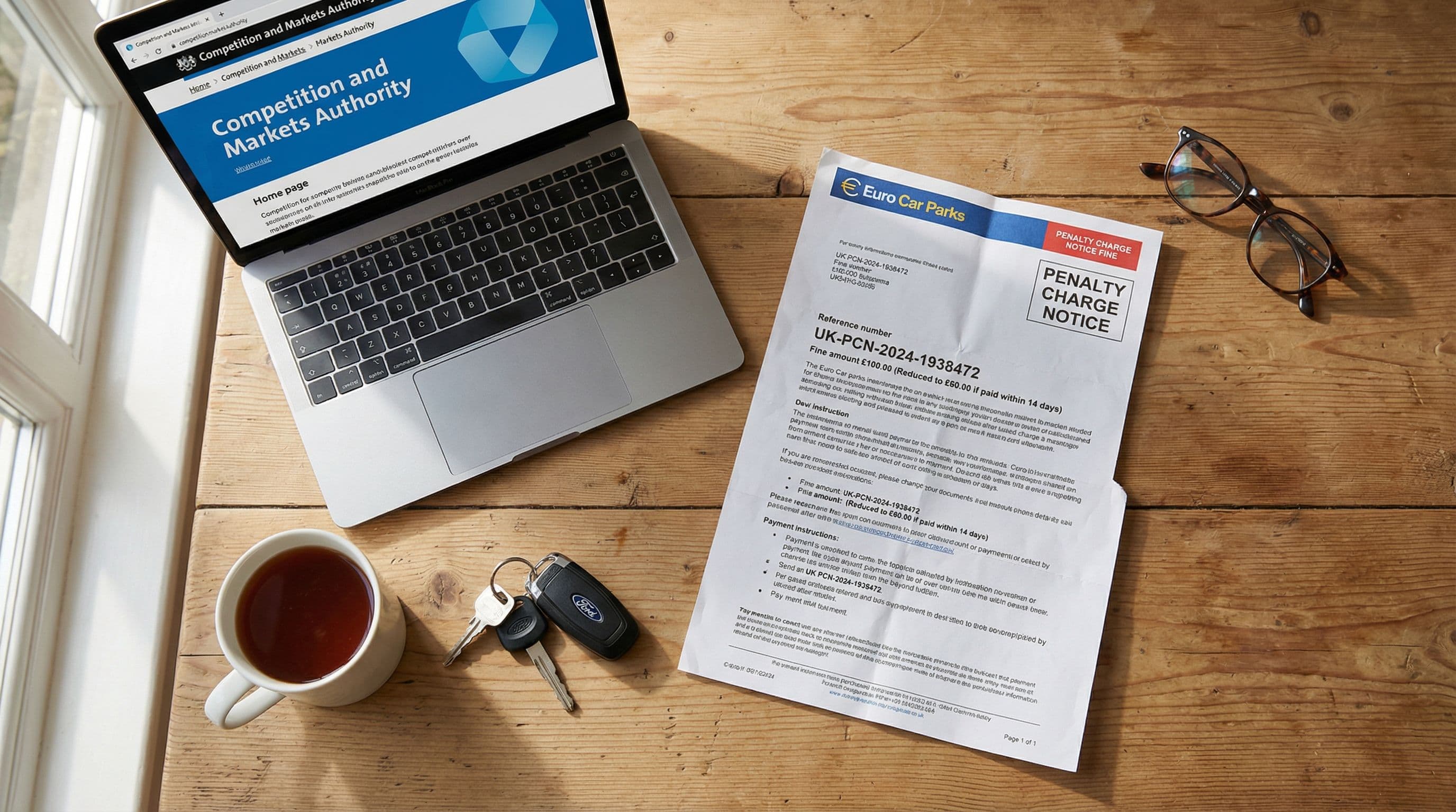 Parking penalty notice and CMA website materials arranged on kitchen table.
