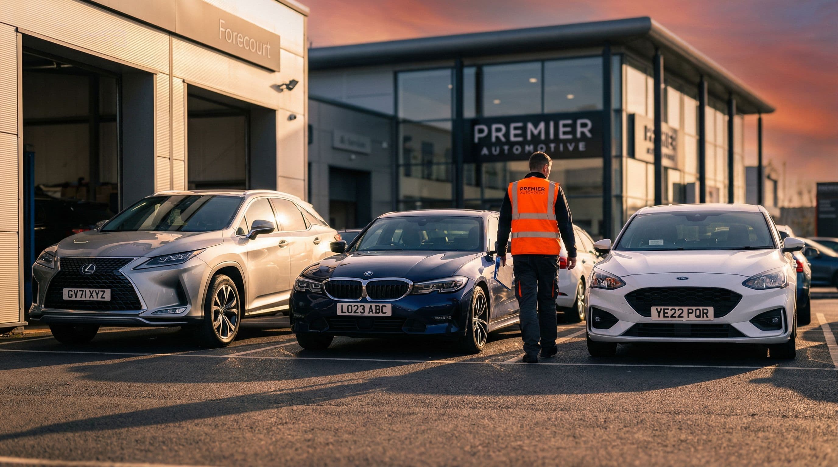 Three recalled vehicle models await inspection at a UK automotive service center