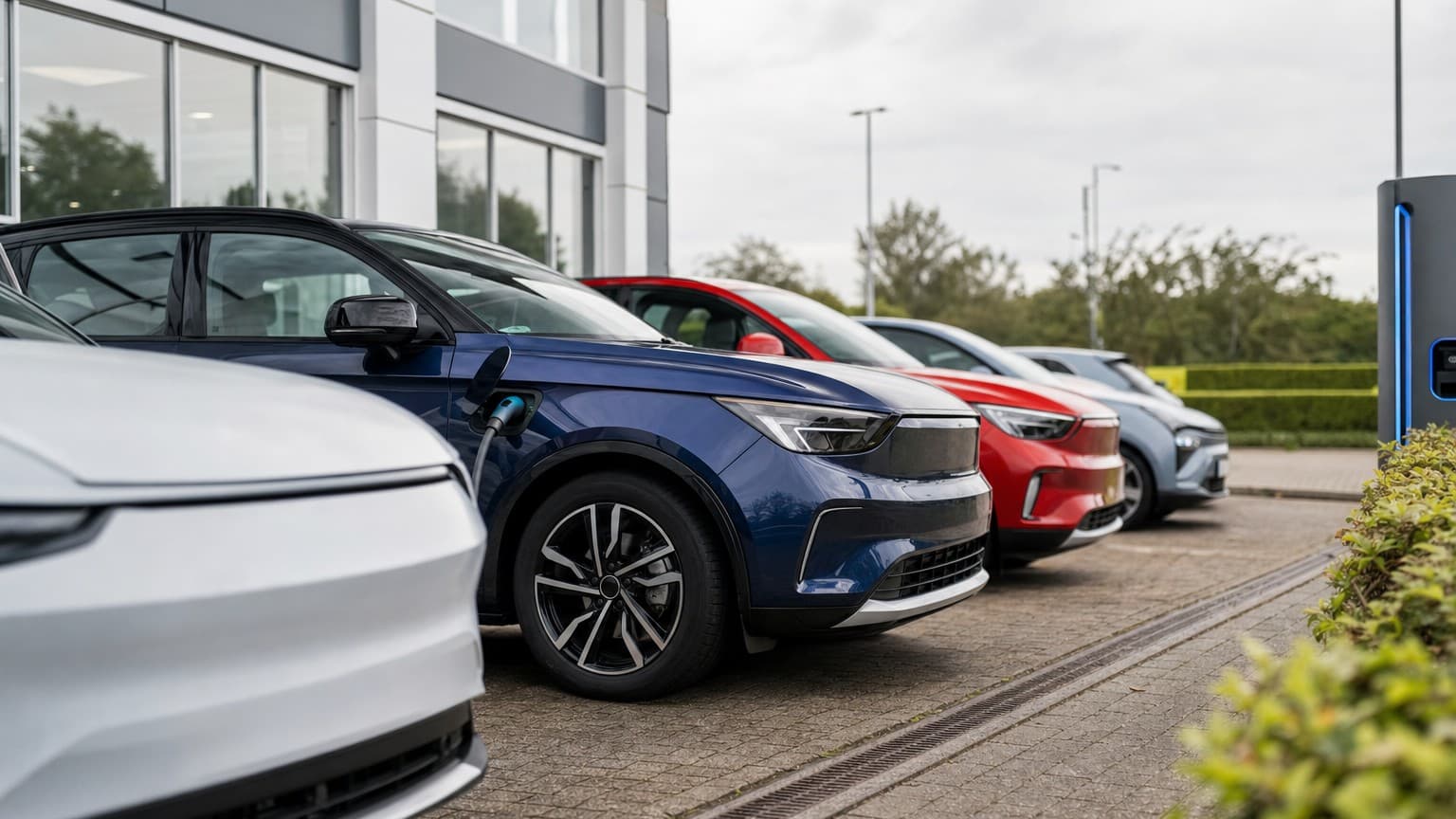 A row of modern electric cars at a UK dealership forecourt