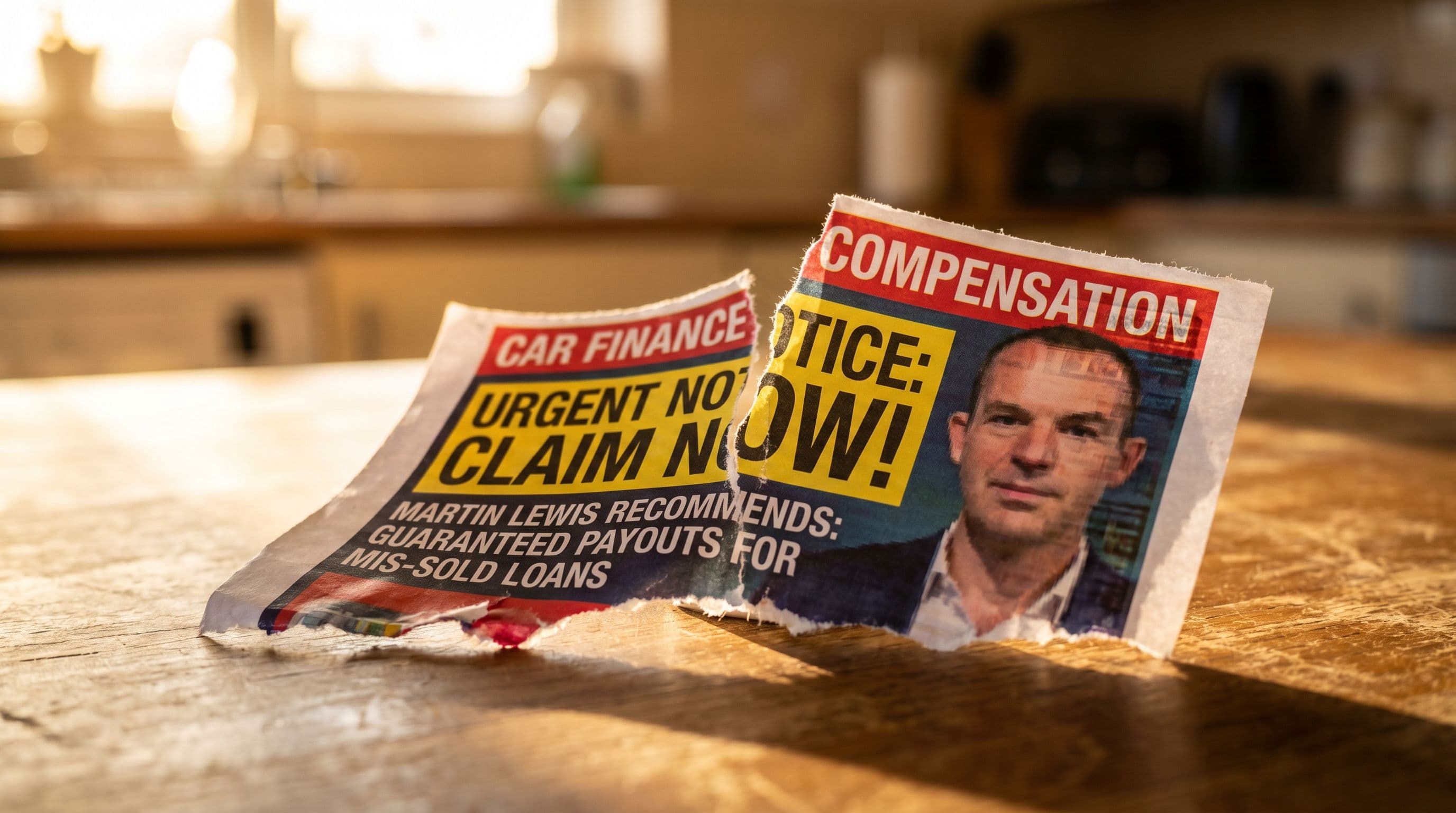 Torn fake Martin Lewis advertisement reveals poor printing quality of fraudulent finance claims.