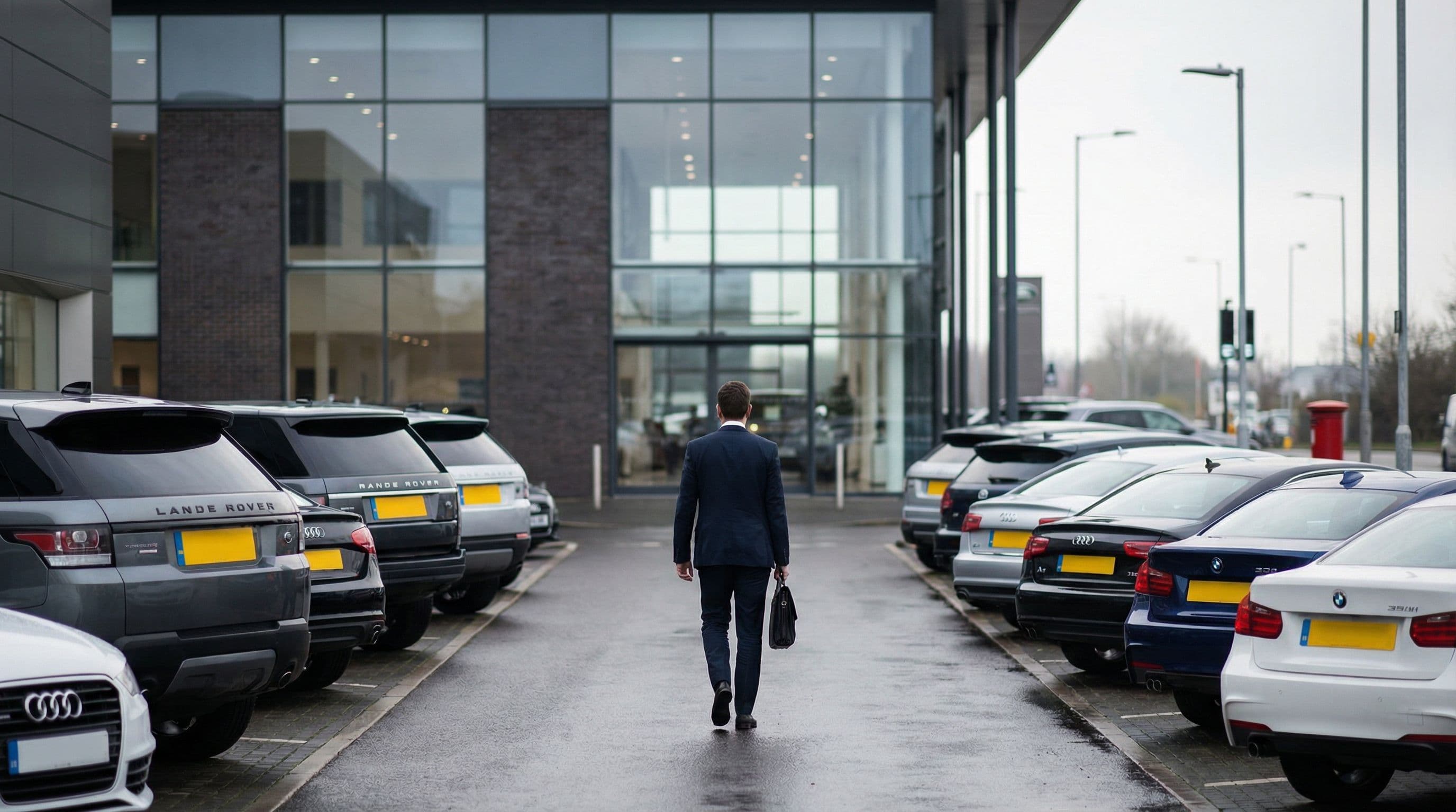 A potential car buyer examines vehicles at a UK dealership forecourt