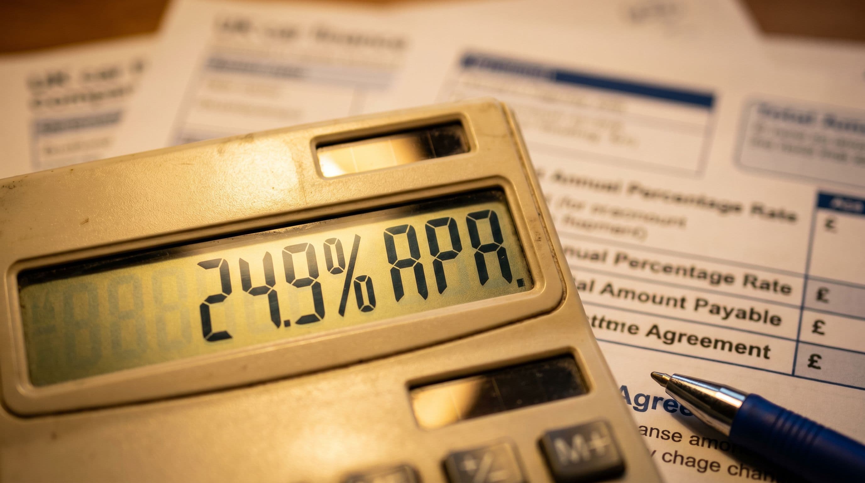 Calculator display shows APR percentage amid scattered car finance comparison documents.
