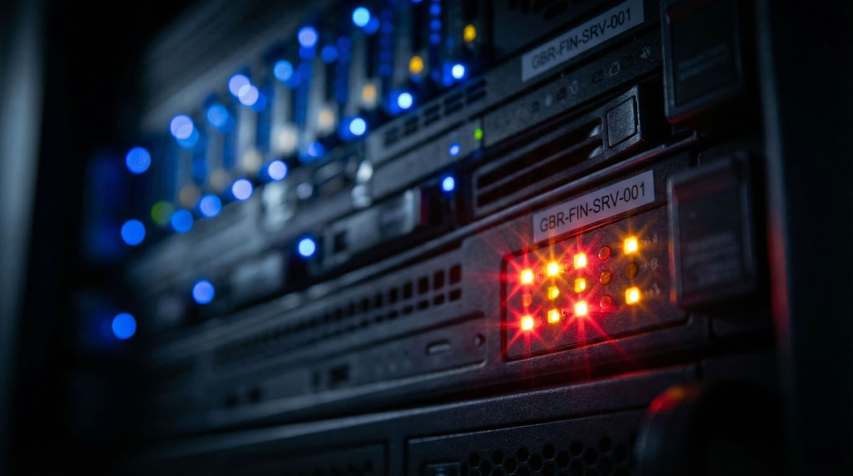Warning lights illuminate server equipment following increased cyber security concerns.