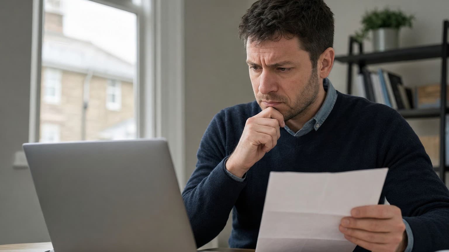 A person cautiously reviewing car finance correspondence at a desk