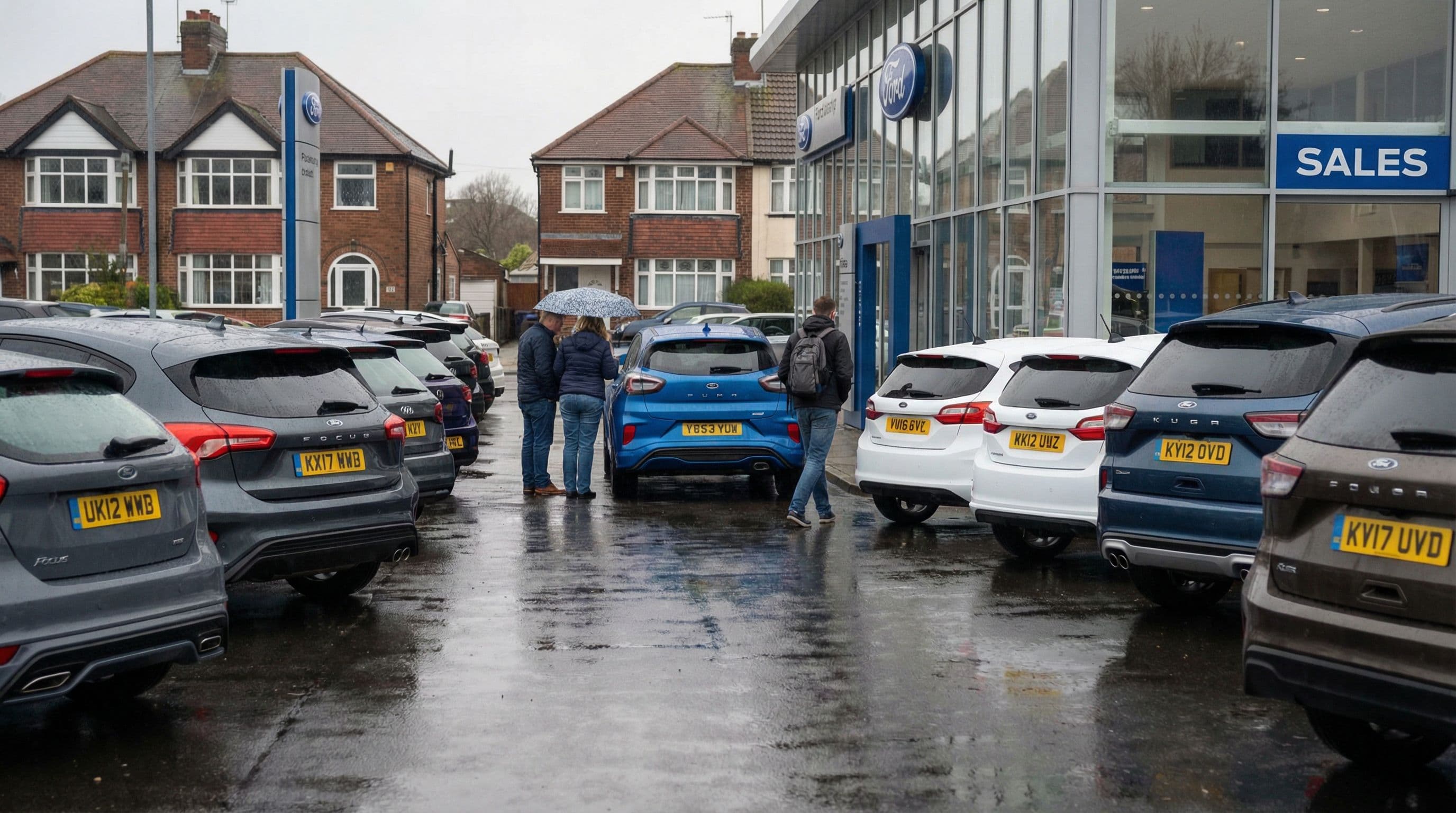 Ford vehicles displayed at a UK dealership amid ongoing safety concerns