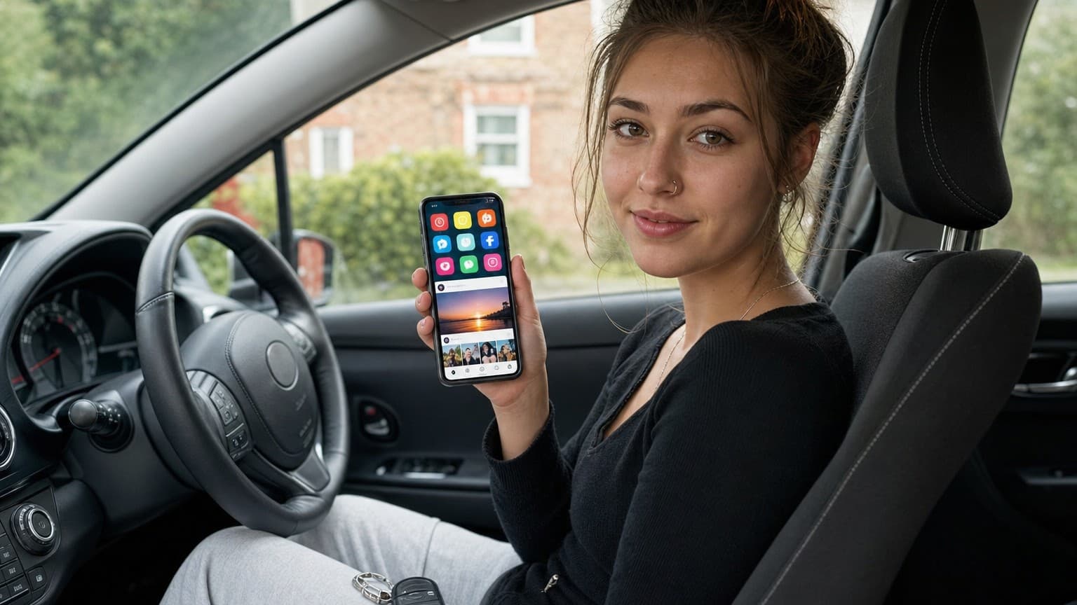 A young driver holding a smartphone showing social media apps while sitting in a car