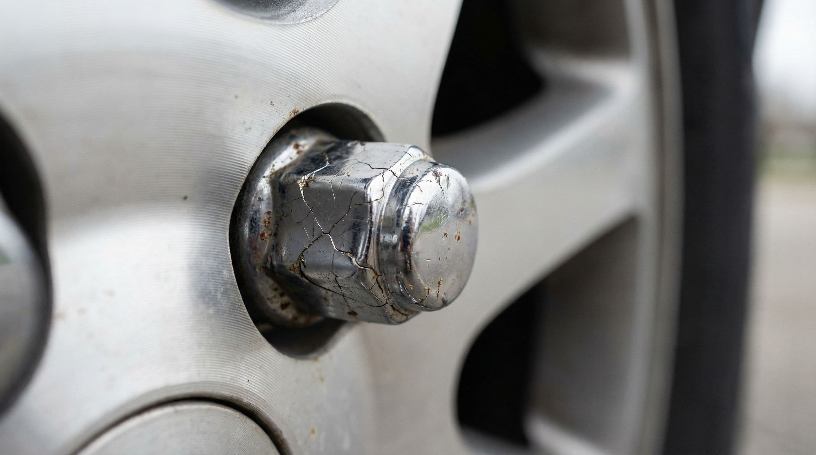 Close-up view of Honda Civic wheel nut showing stress fractures linked to recall.