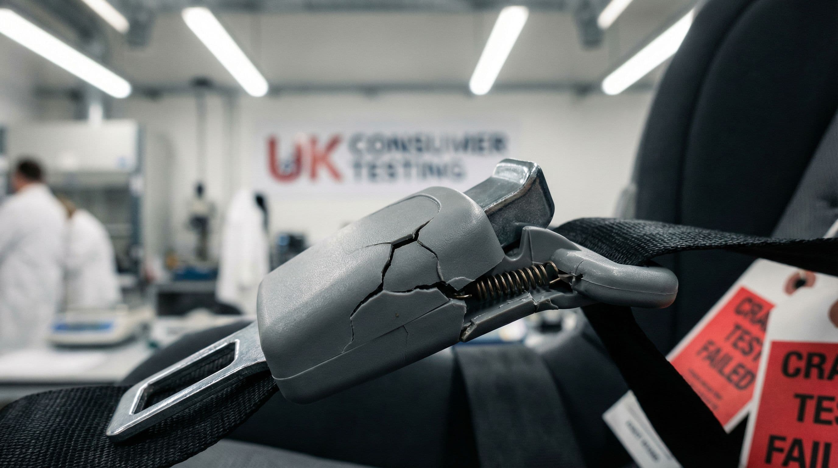 Damaged car seat buckle mechanism reveals safety failures during crash testing.