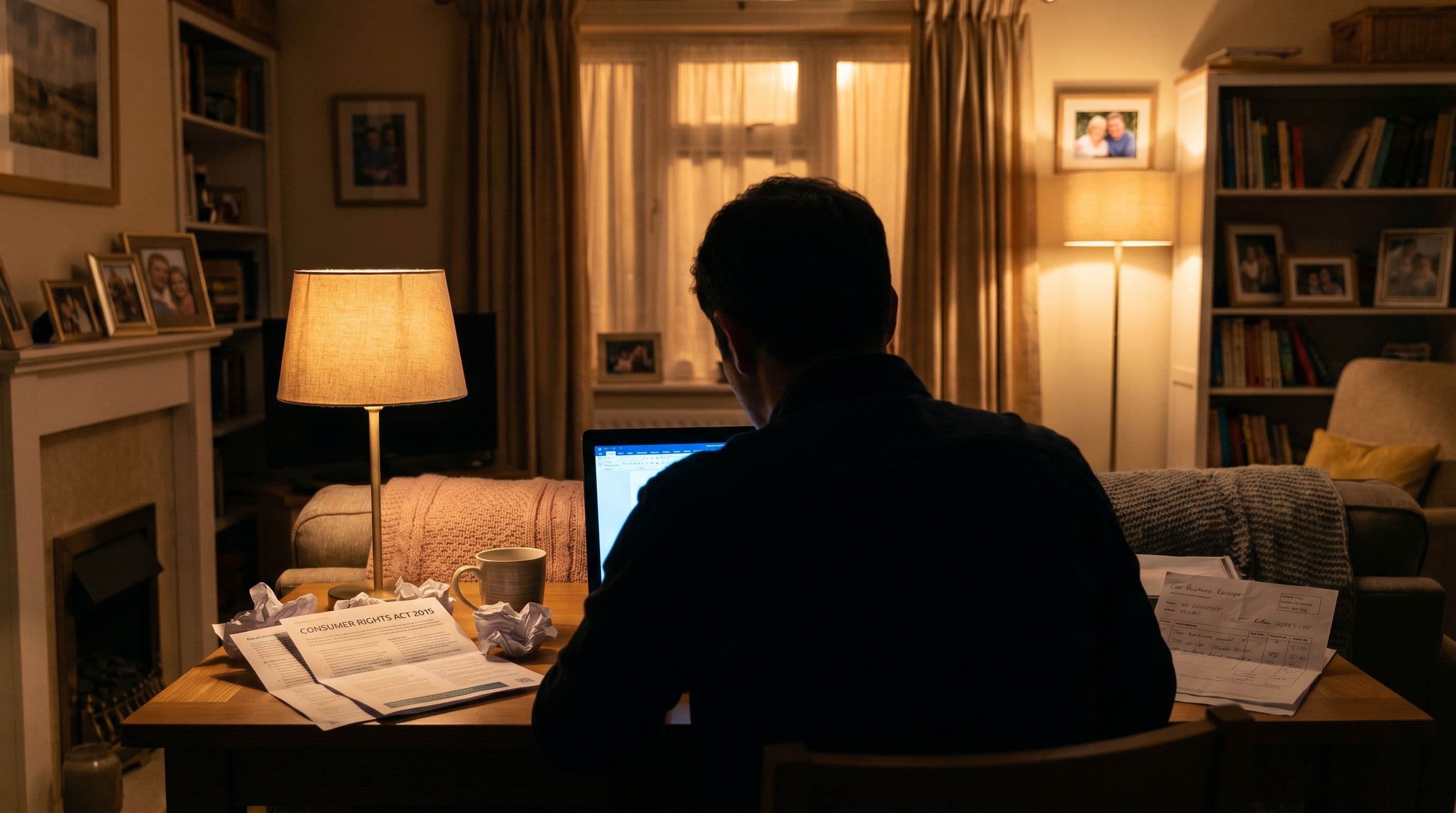 UK driver researches consumer rights at home computer following faulty car purchase