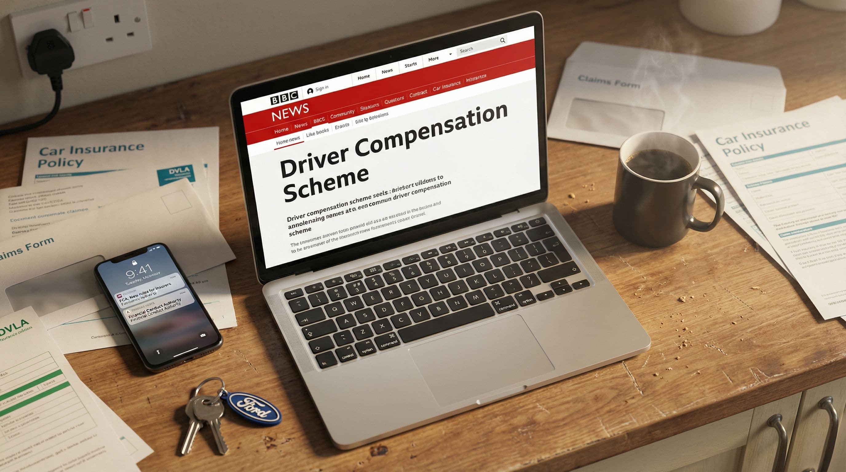 Laptop displays BBC's driver compensation coverage alongside insurance documents on kitchen table.