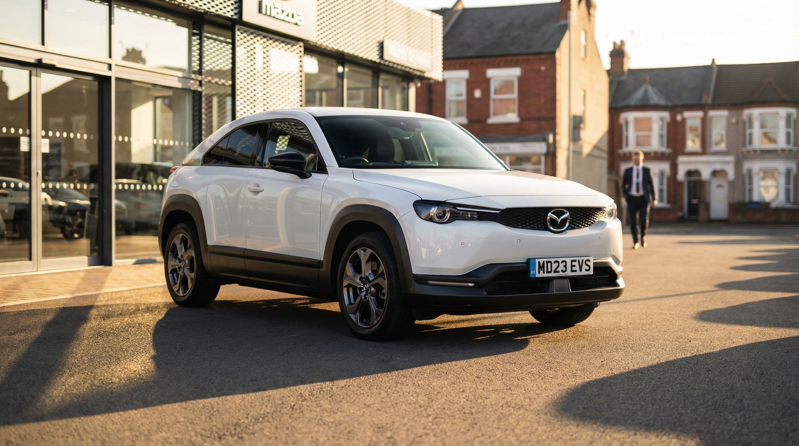 A Mazda MX-30 sits on a quiet UK dealership forecourt