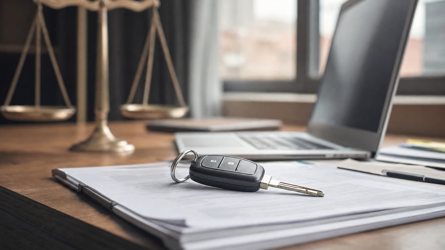 Car keys resting on car finance paperwork beside a laptop
