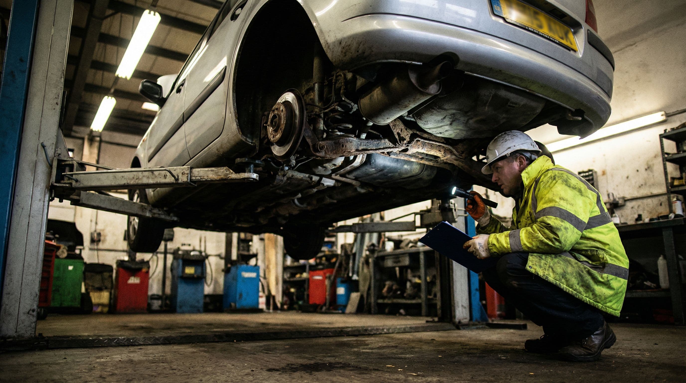 Trading standards inspector examines vehicle undercarriage during safety investigation