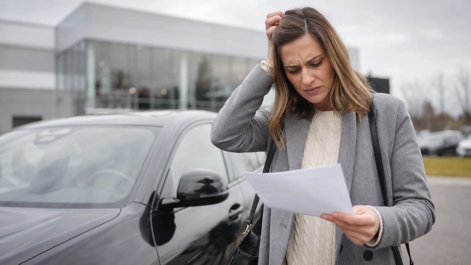 A frustrated car buyer holding paperwork on a dealership forecourt