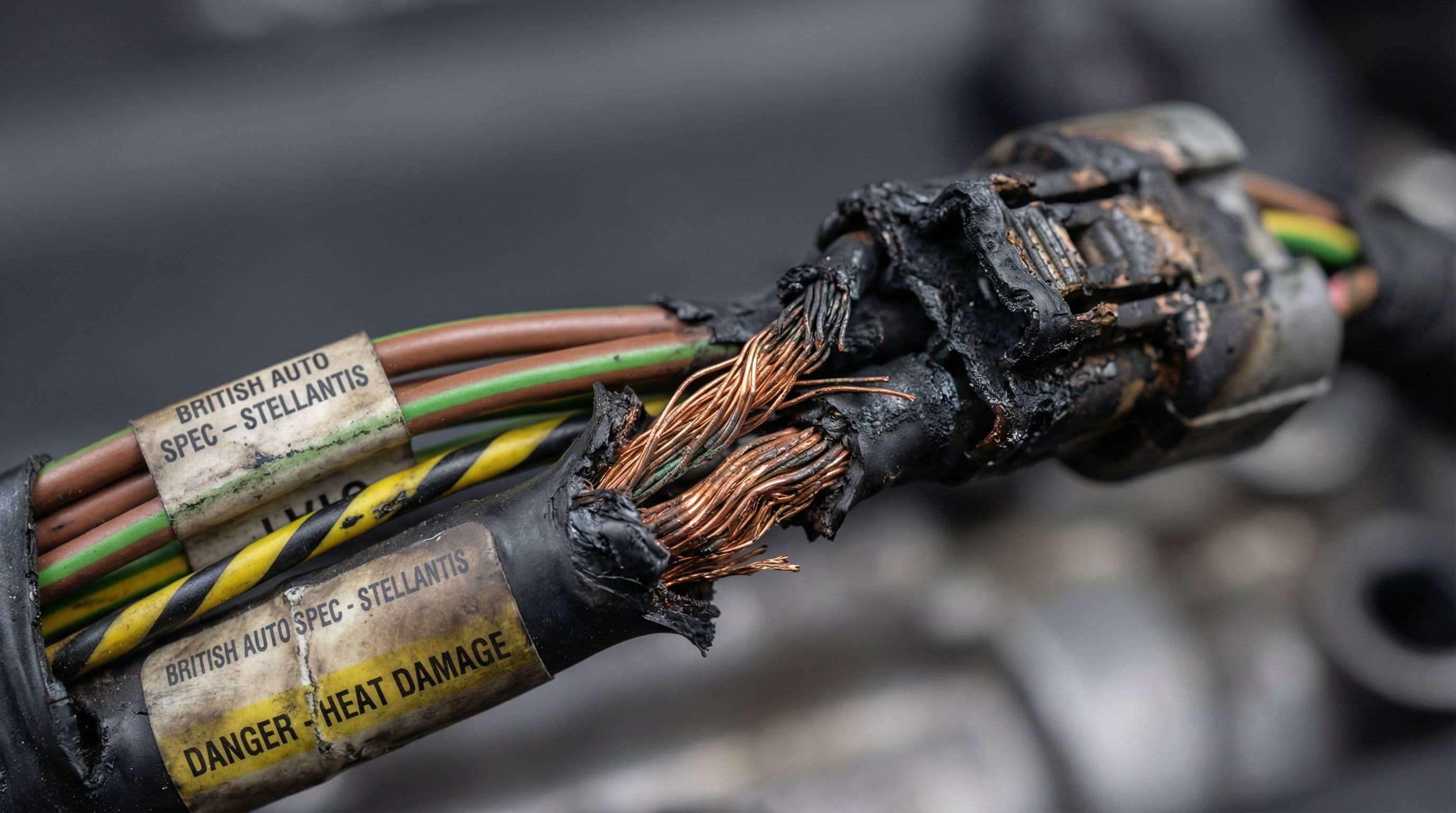 Damaged wiring harness shows heat damage that sparked major UK recall