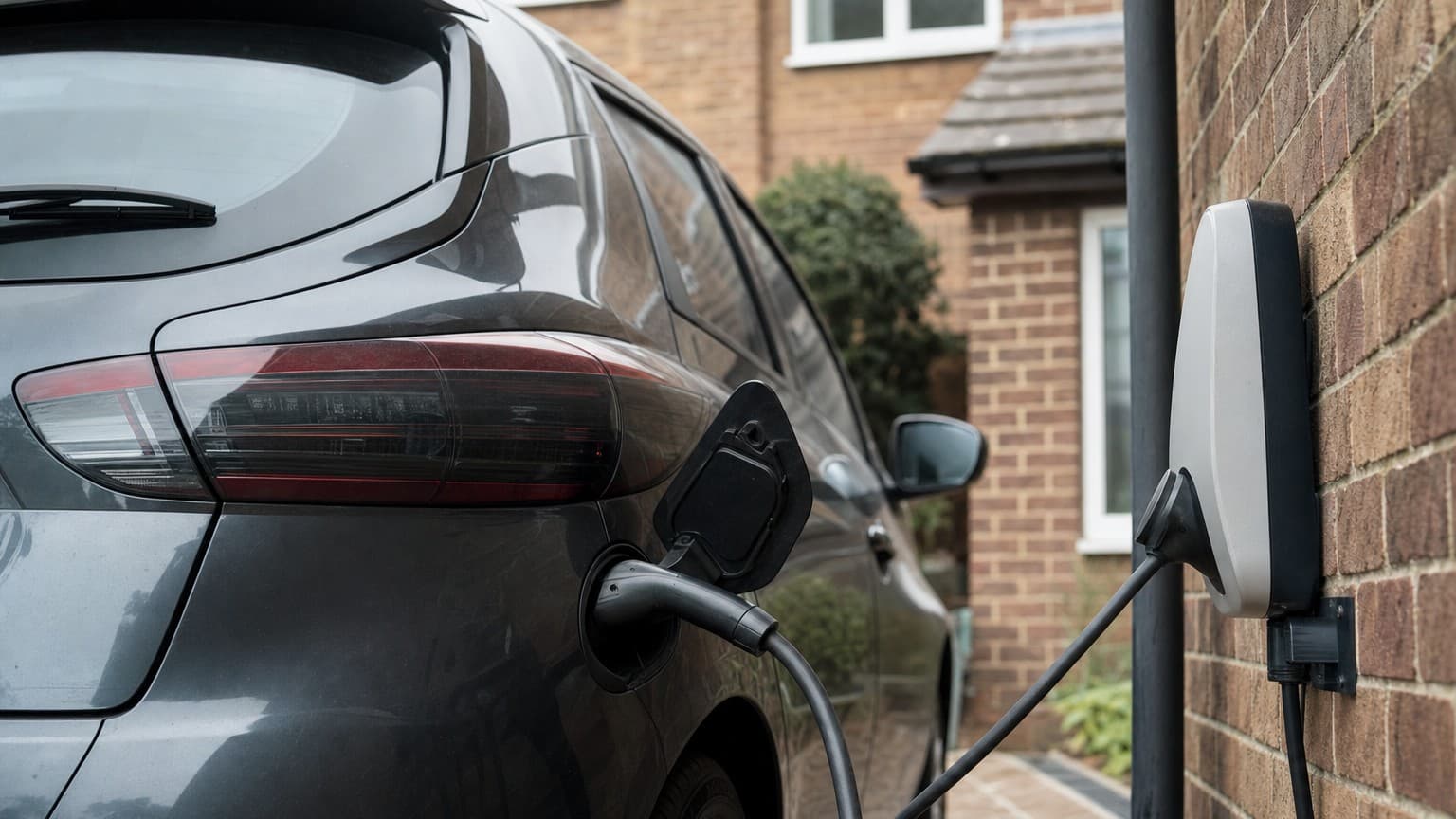 A used electric car charging on a UK driveway