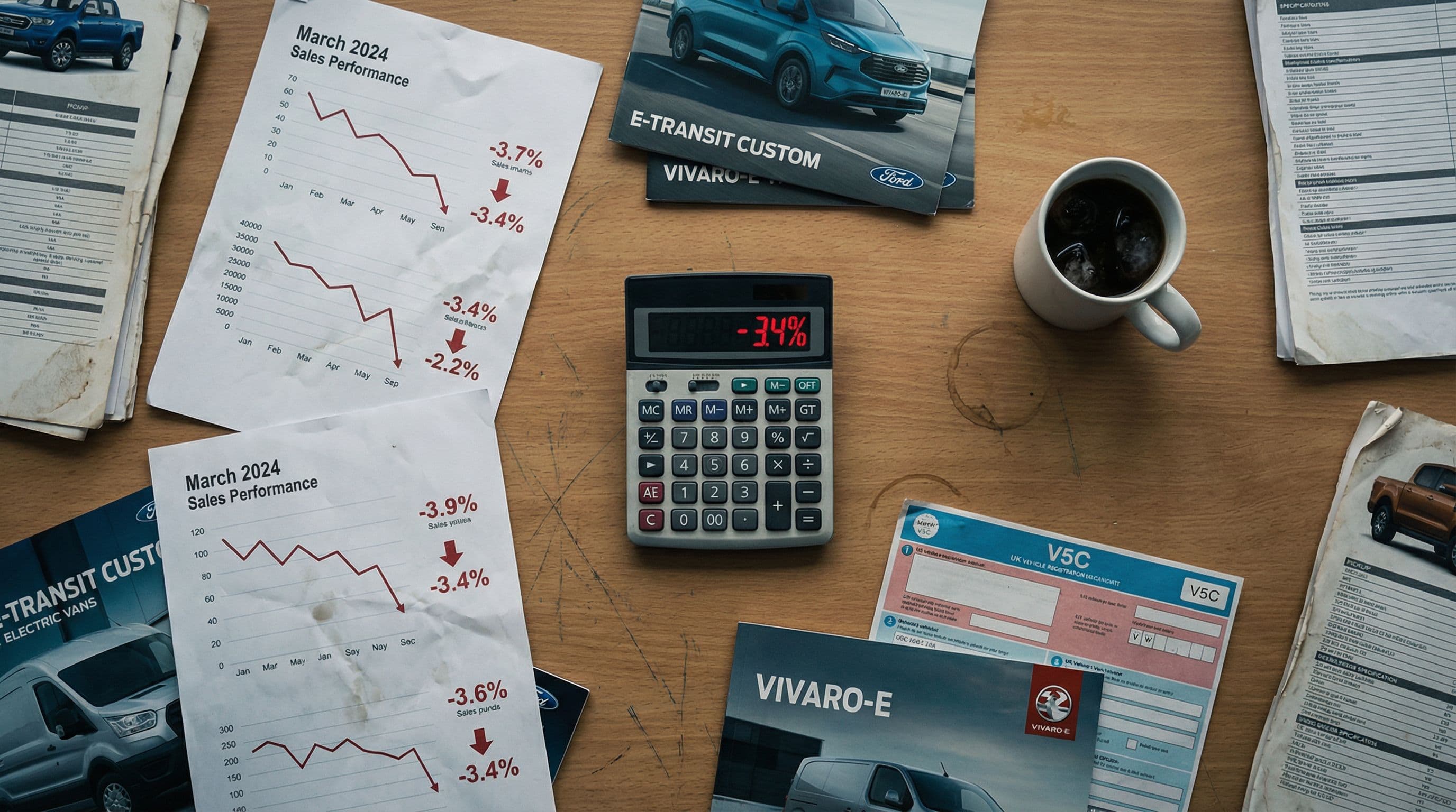 Sales reports and electric van brochures scattered across dealer's desk show March decline.