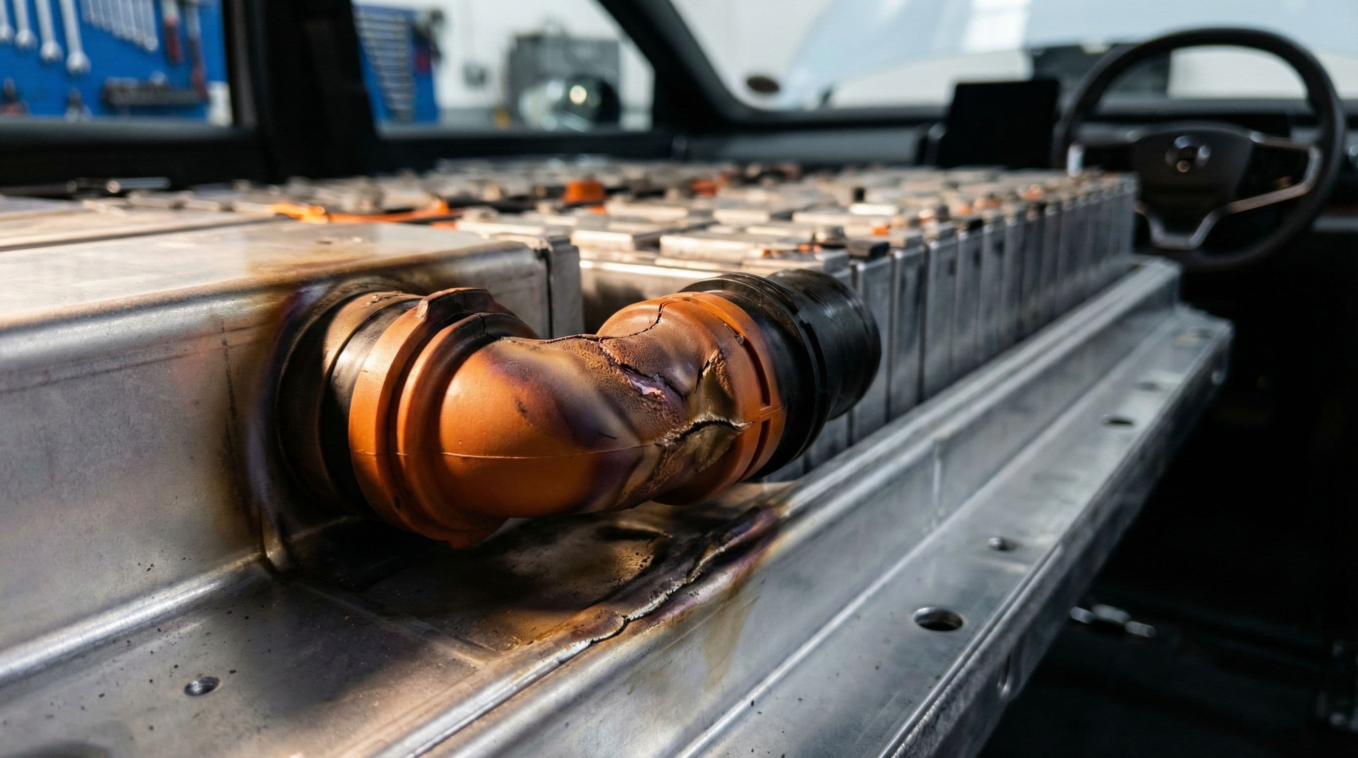 Heat-damaged battery cooling component shows thermal stress in EX30 recall investigation.