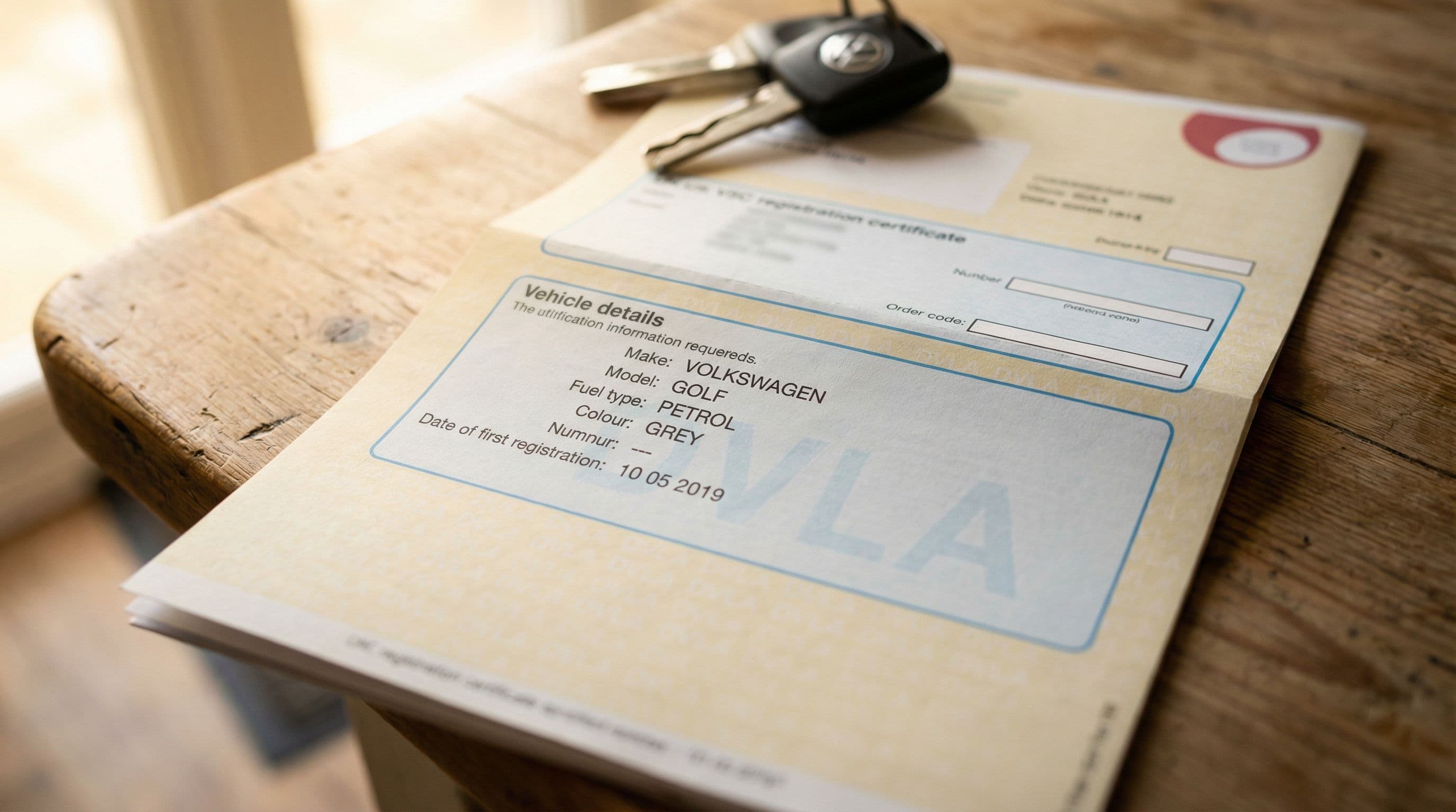 Vehicle registration documents show Golf ownership details on kitchen table.