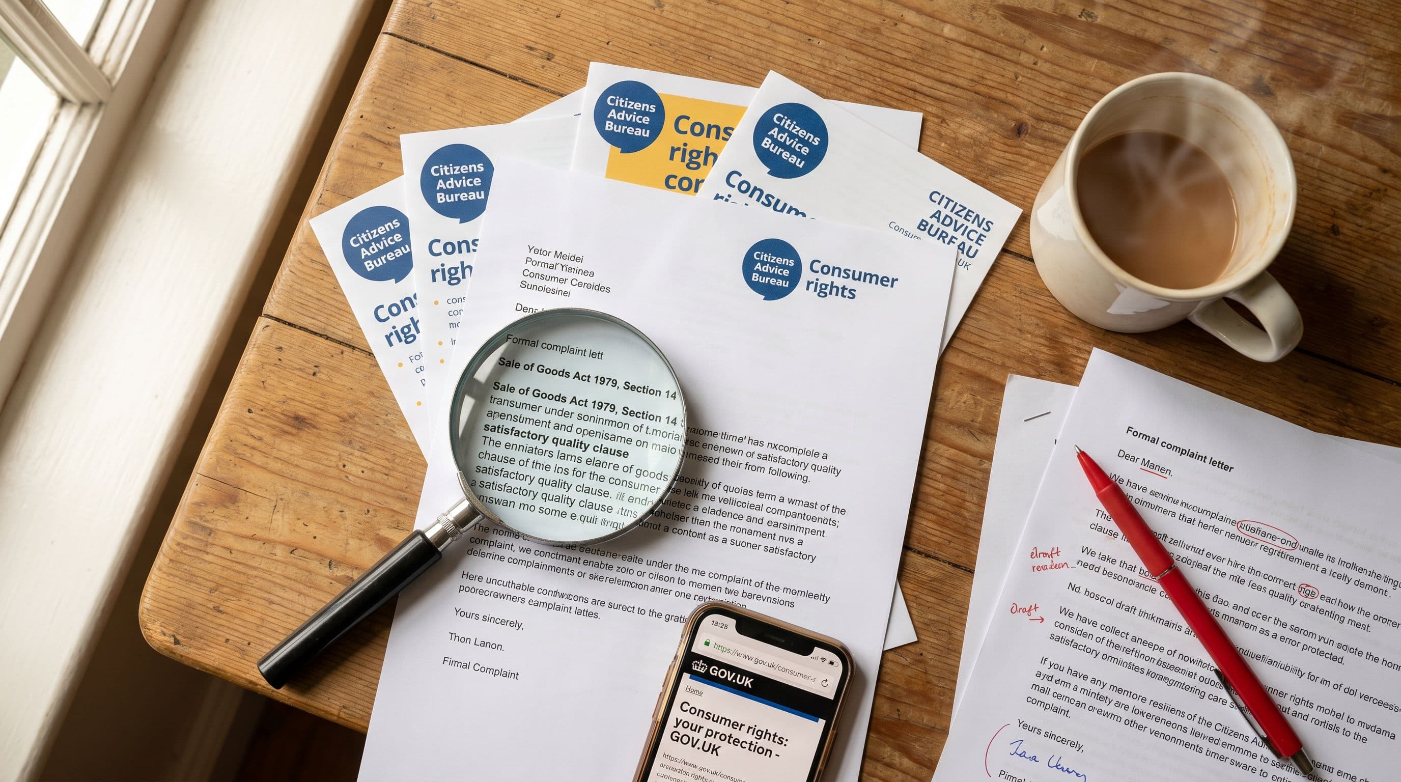 Magnifying glass reveals consumer rights legislation during complaint letter preparation.
