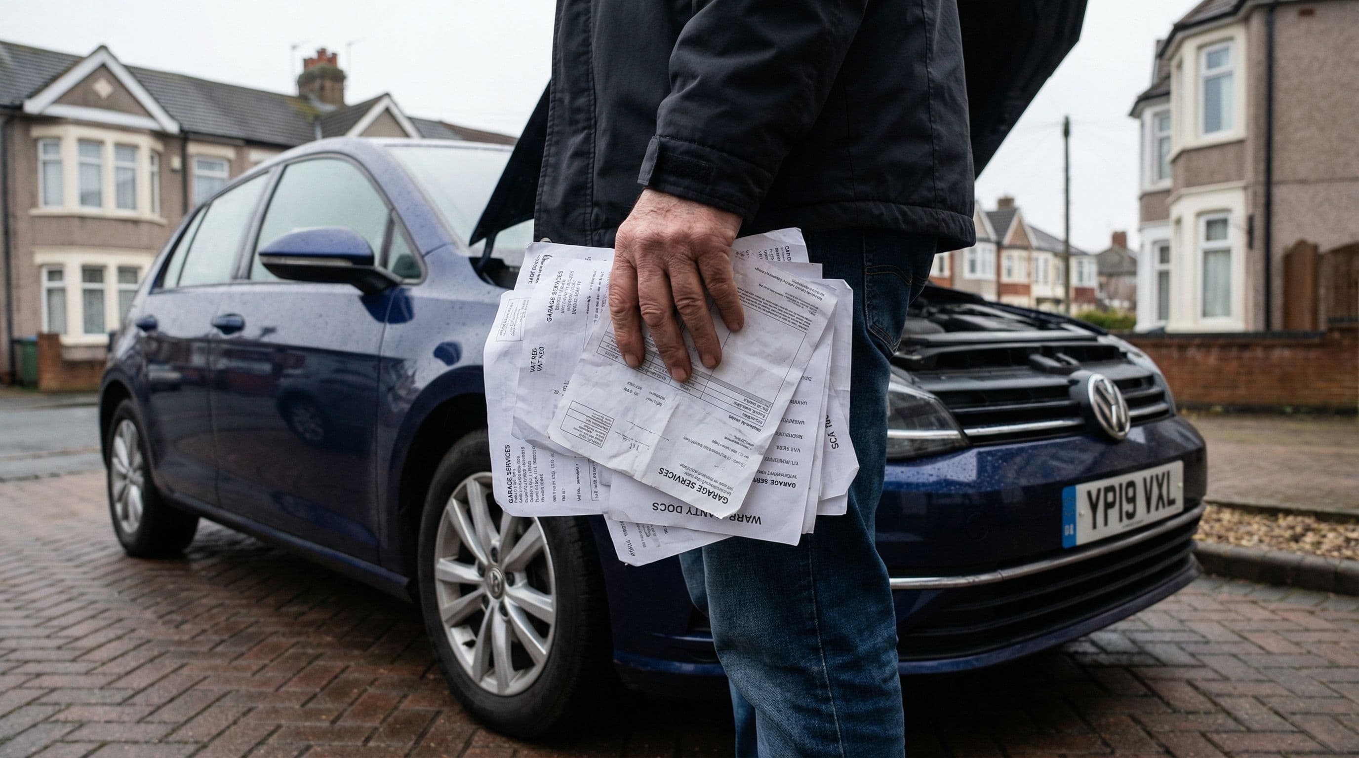 Consumer reviews repair invoices and receipts beside their car at home.