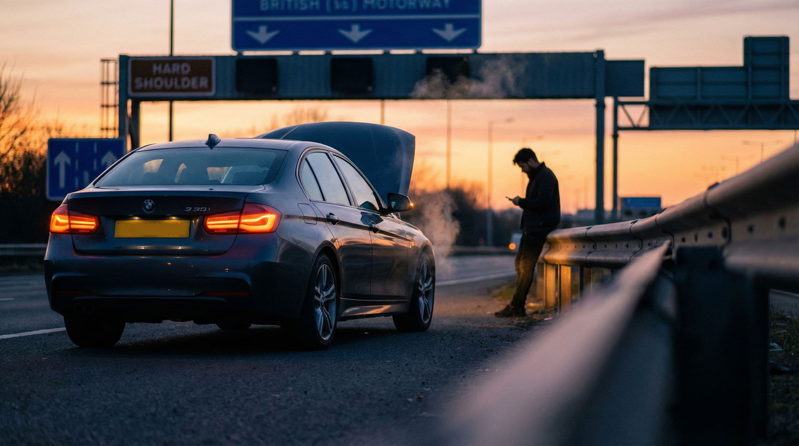 A BMW 3 Series broken down on a UK motorway hard shoulder at sunset