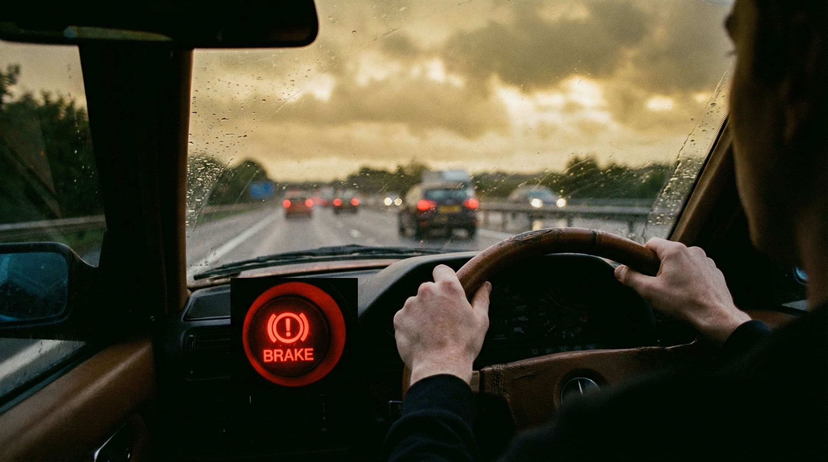 Driver gripping the steering wheel as brake warning light glows red on a UK dual carriageway