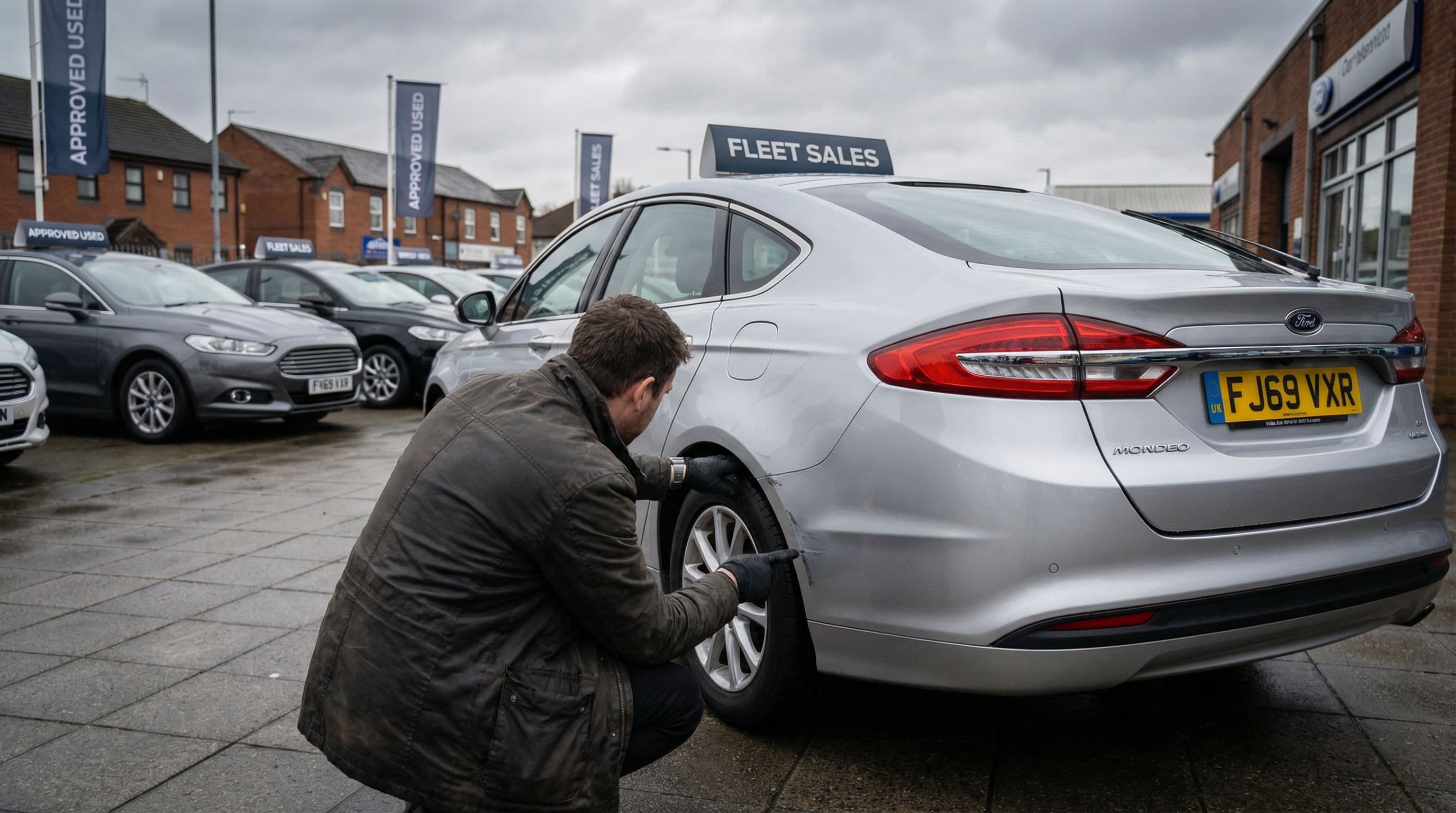 A buyer carefully inspects a used car's bodywork at a UK dealership