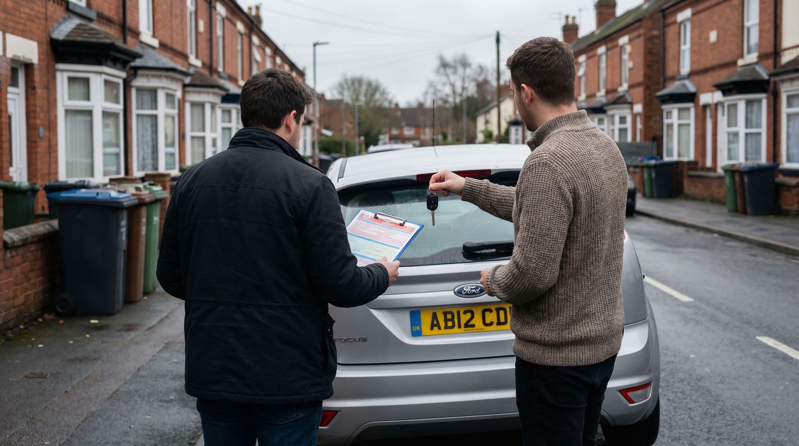 Two people complete a private car sale outside UK residential homes