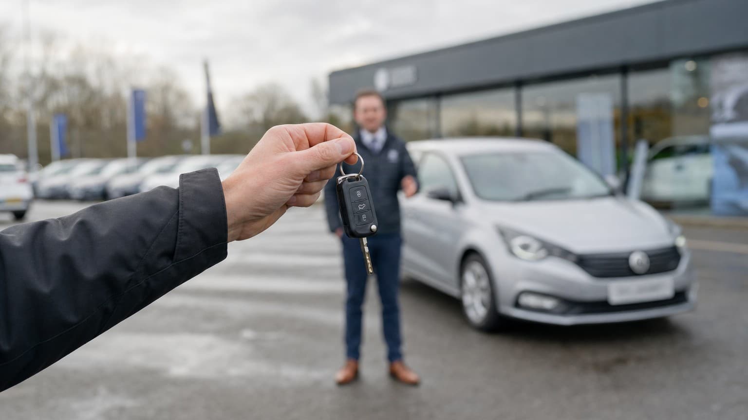 A hand hands over car keys outside a UK dealership forecourt.