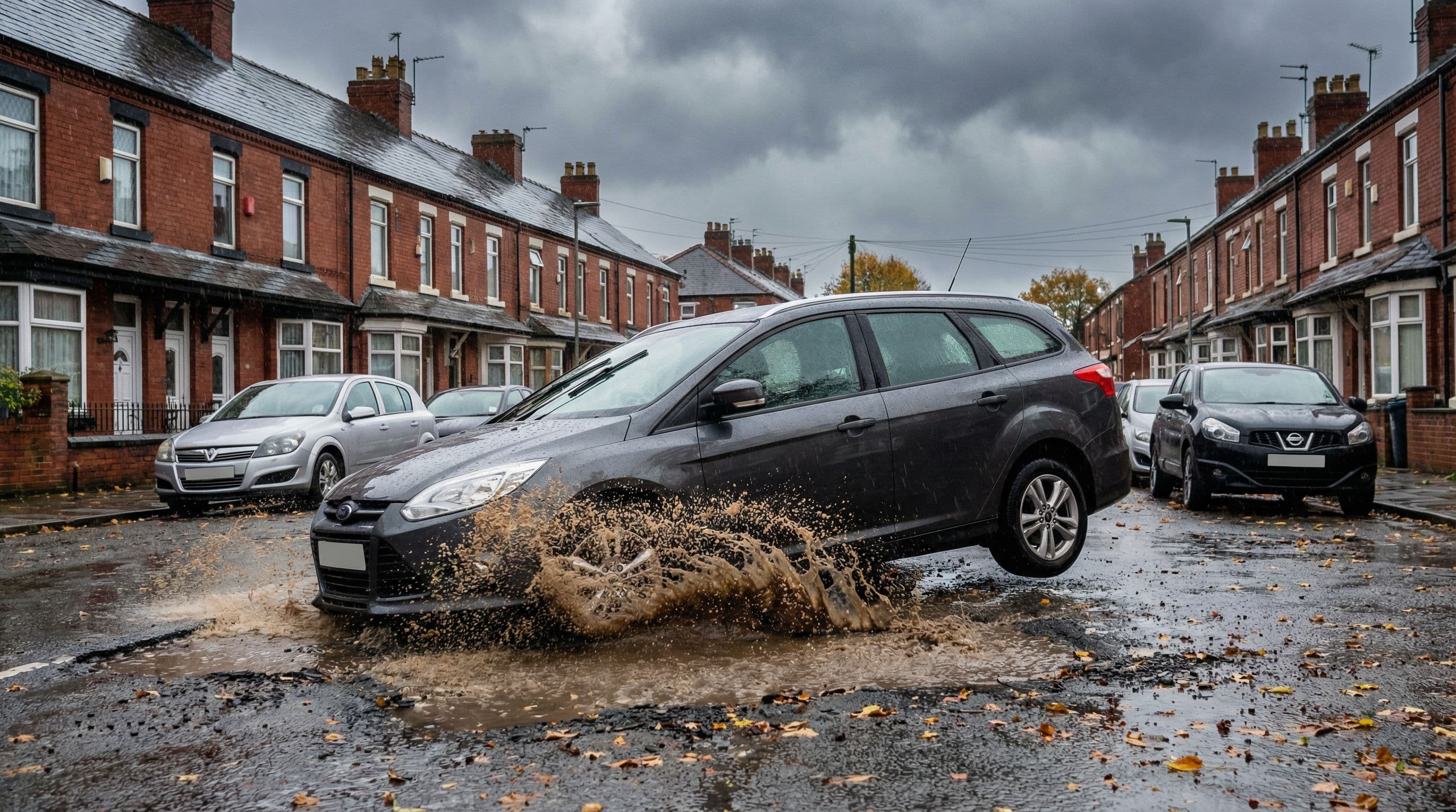 Car hitting a pothole on a British road with the front wheel dipping dramatically