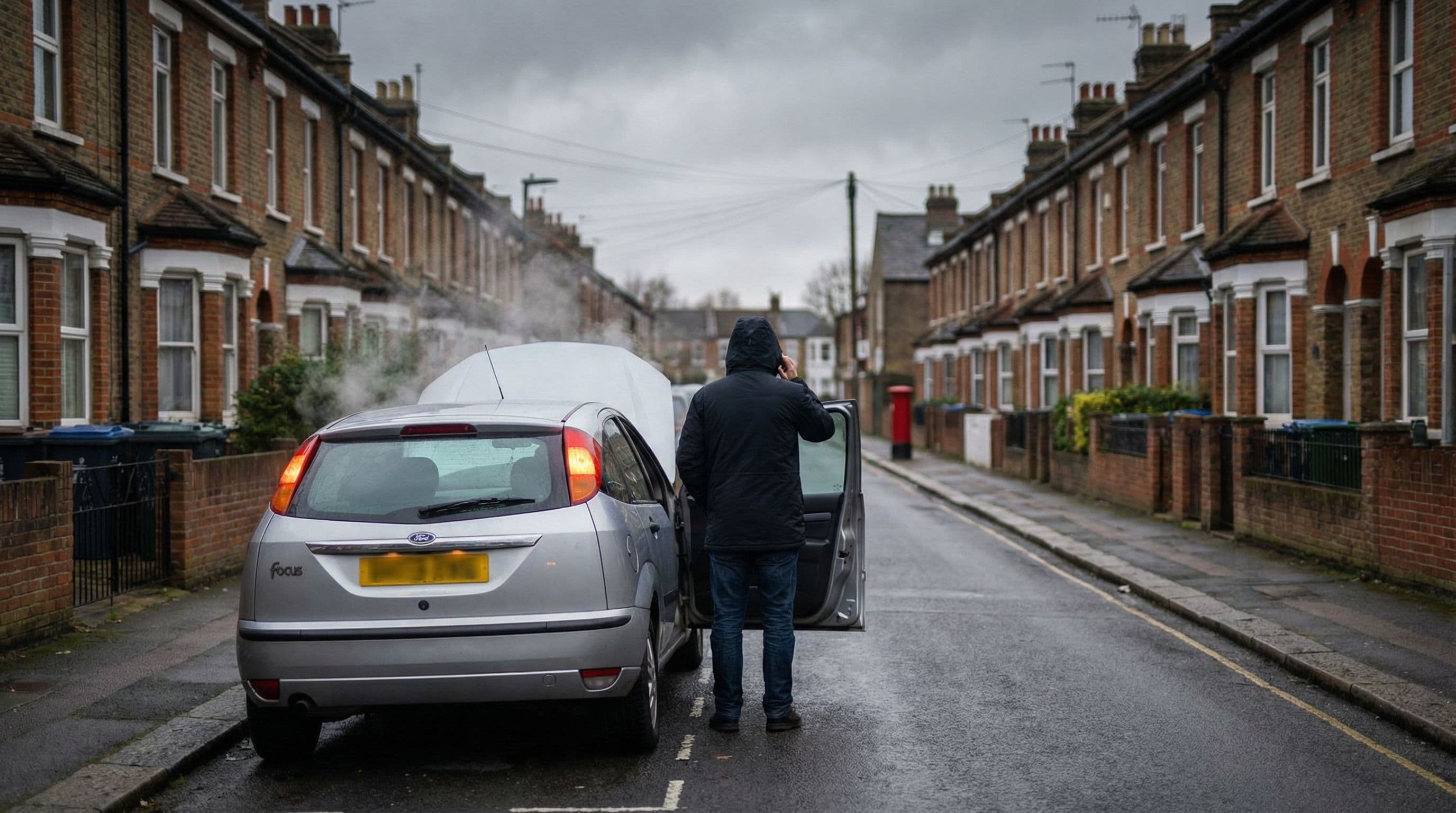 A motorist calls for assistance beside their broken down car