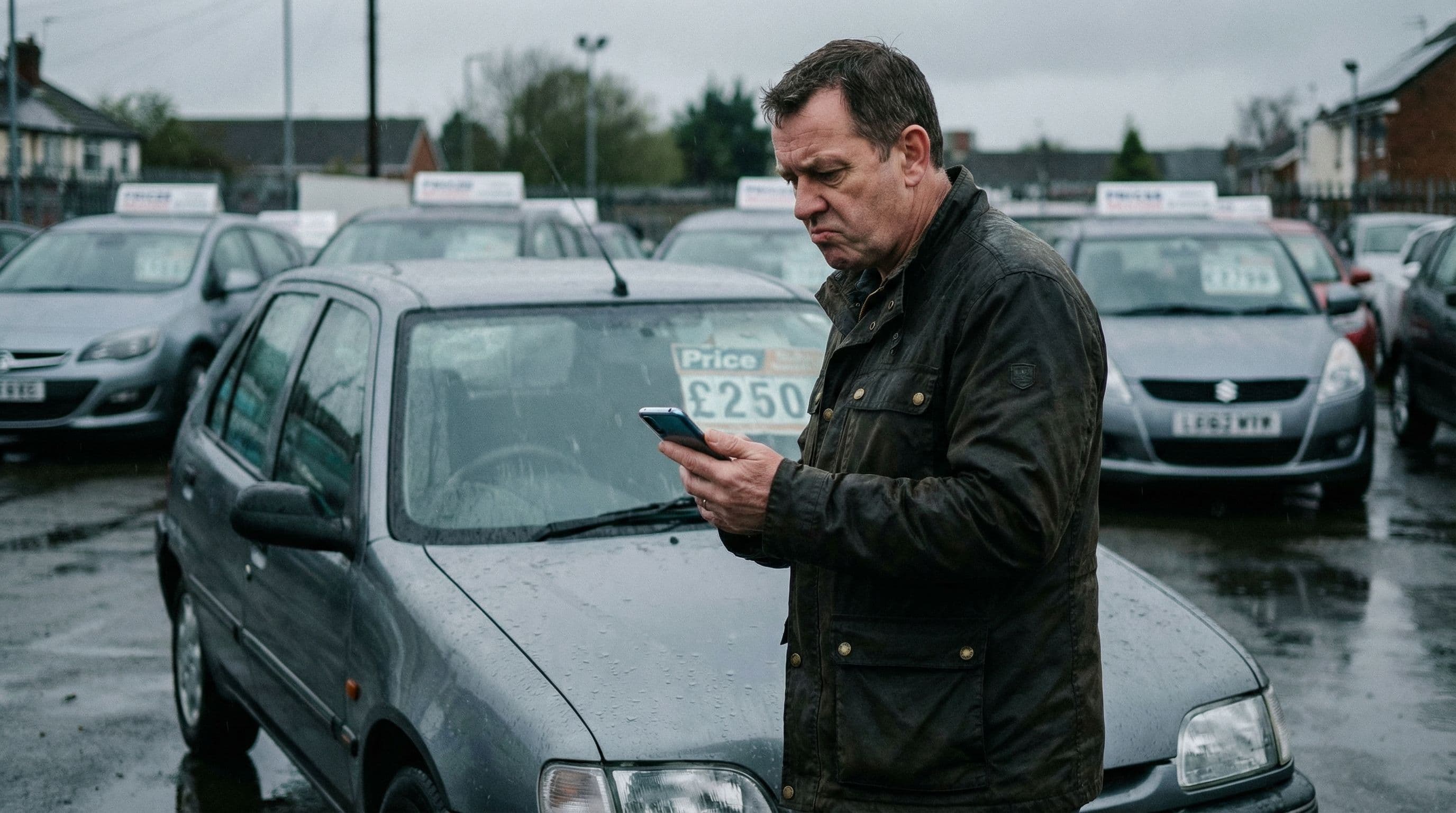 Person checking their phone while looking at a used car on a rainy UK dealer forecourt