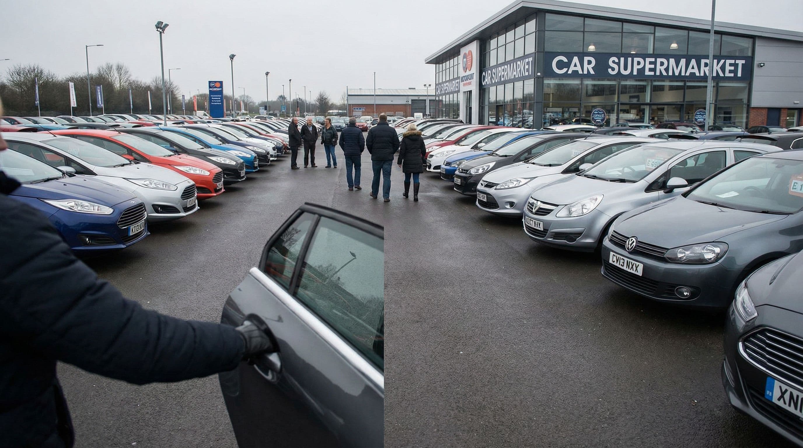 Customers browse the extensive forecourt at a major UK car supermarket