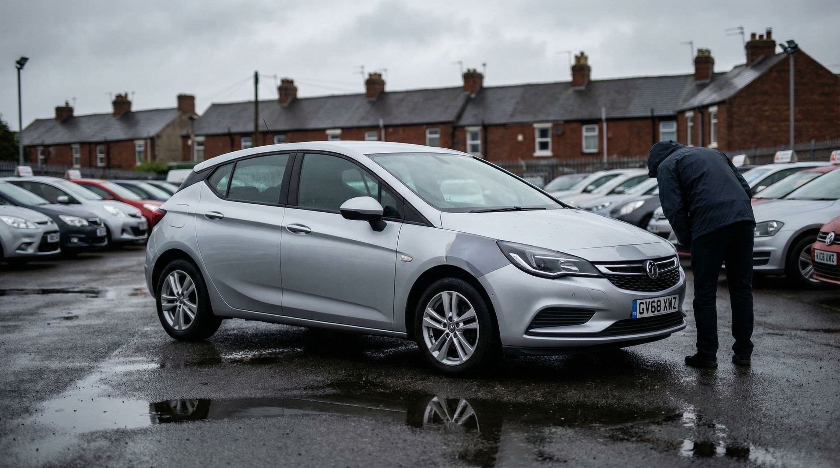 A buyer examines repair work on a used car at a UK dealership forecourt