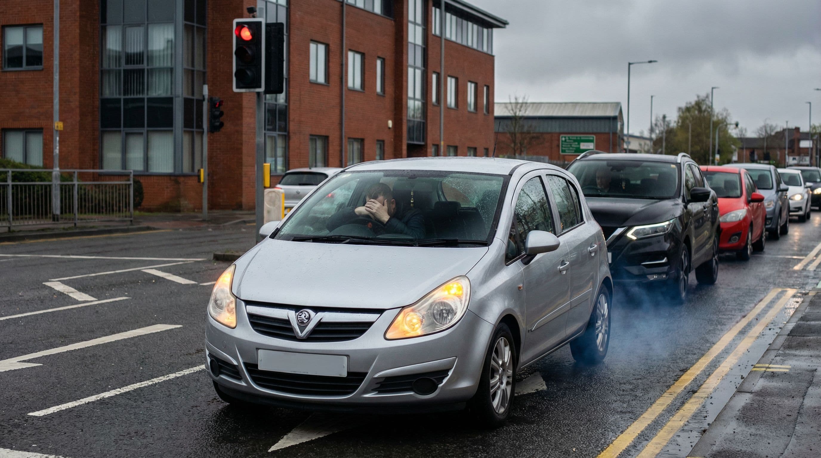 Car stalled at a UK traffic light with hazard lights on and frustrated driver