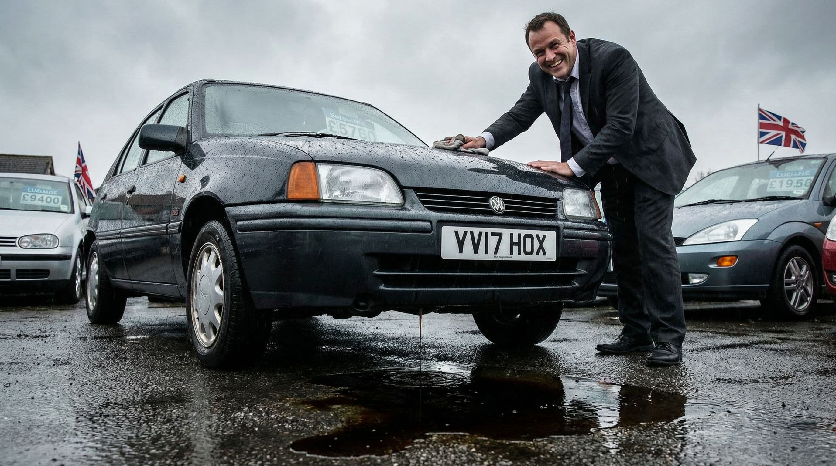 Dealer polishing a car while oil drips from underneath onto the forecourt