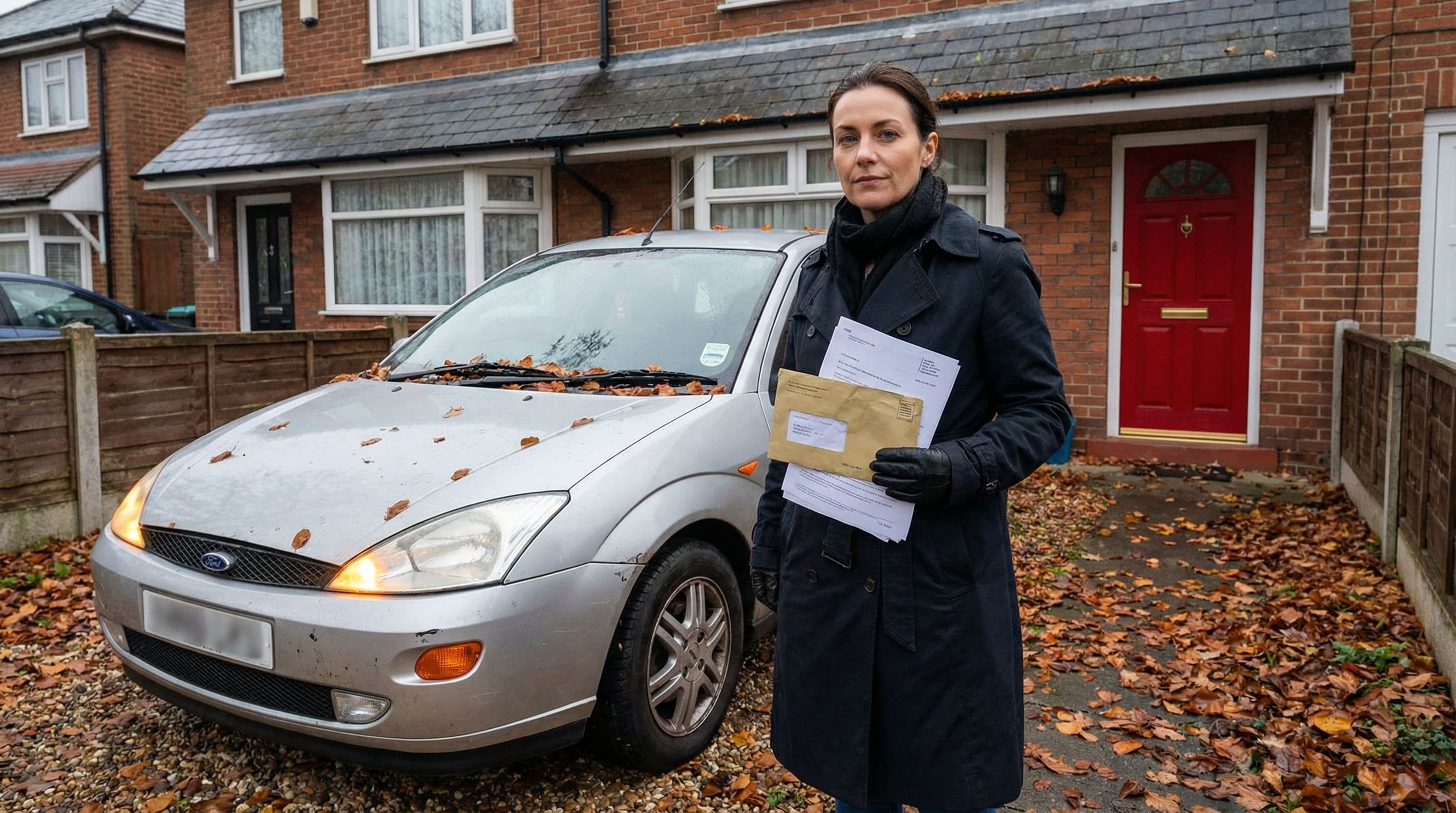 Person holding official-looking paperwork firmly while standing next to their car