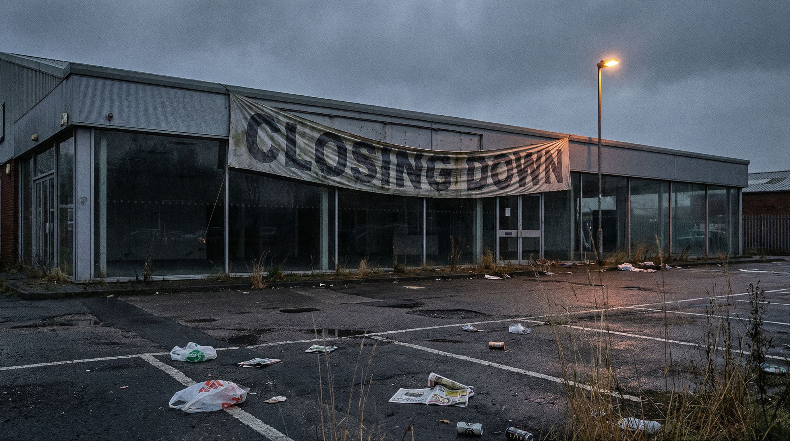 Abandoned UK car dealership with empty forecourt and faded signs