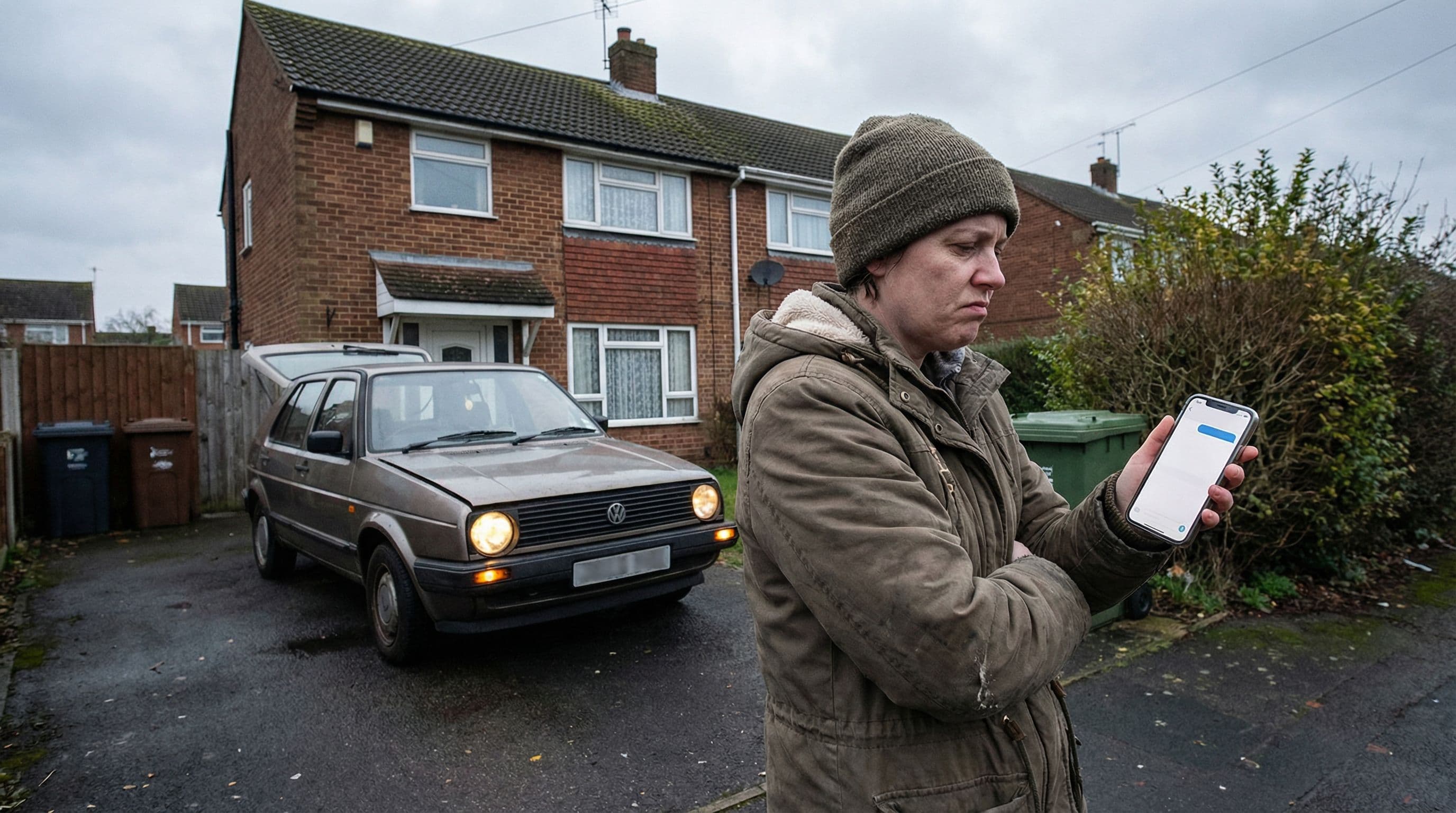 Person standing with arms crossed next to a faulty car on their UK driveway