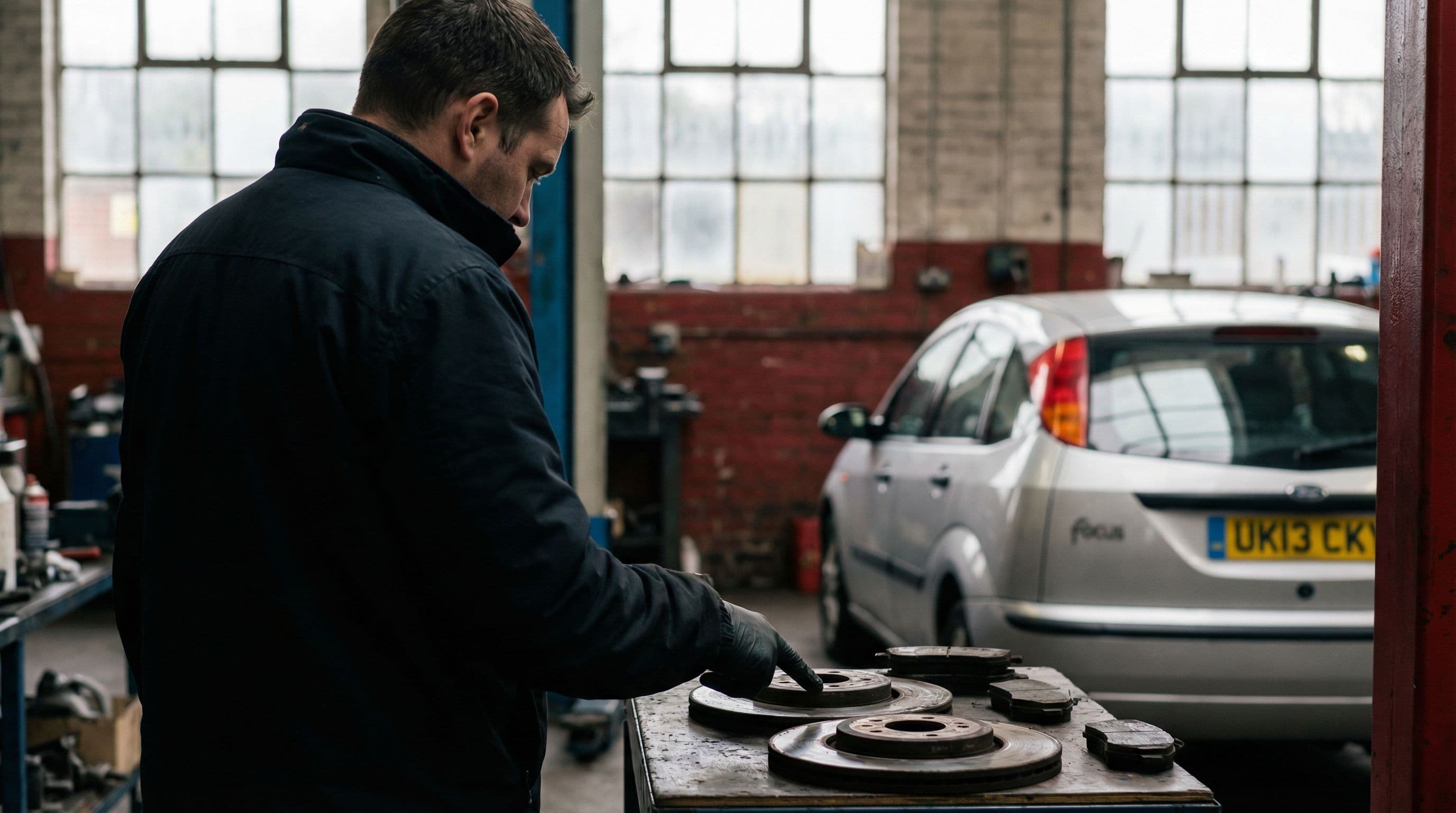 Mechanic explains brake component wear to customer during warranty dispute consultation