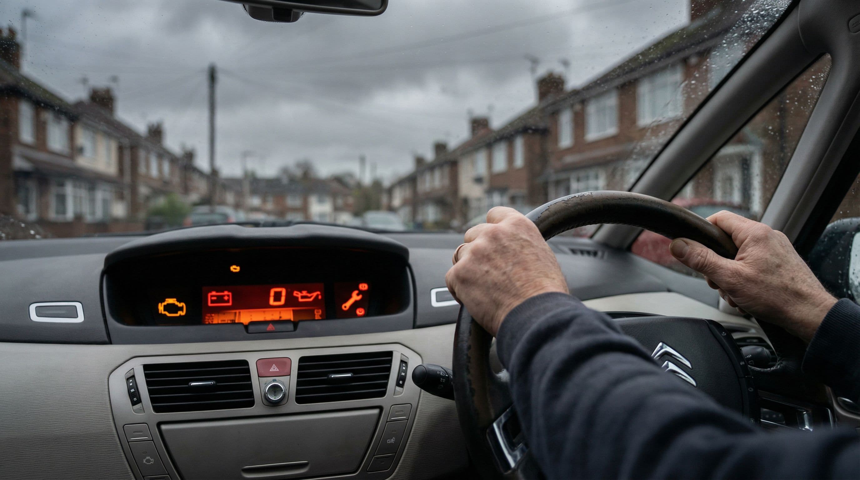 Multiple electrical warning lights illuminate a car's dashboard during morning drive.